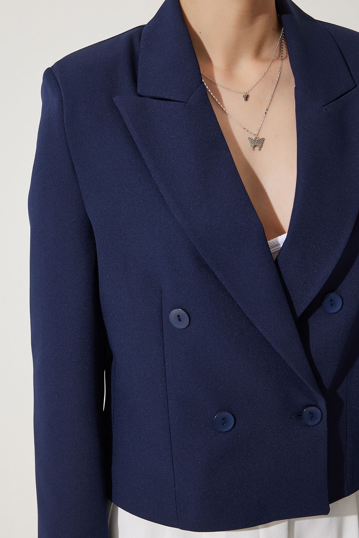 Woman Navy Blue Contrast Cuff with Short Blazer Jacket WF00070