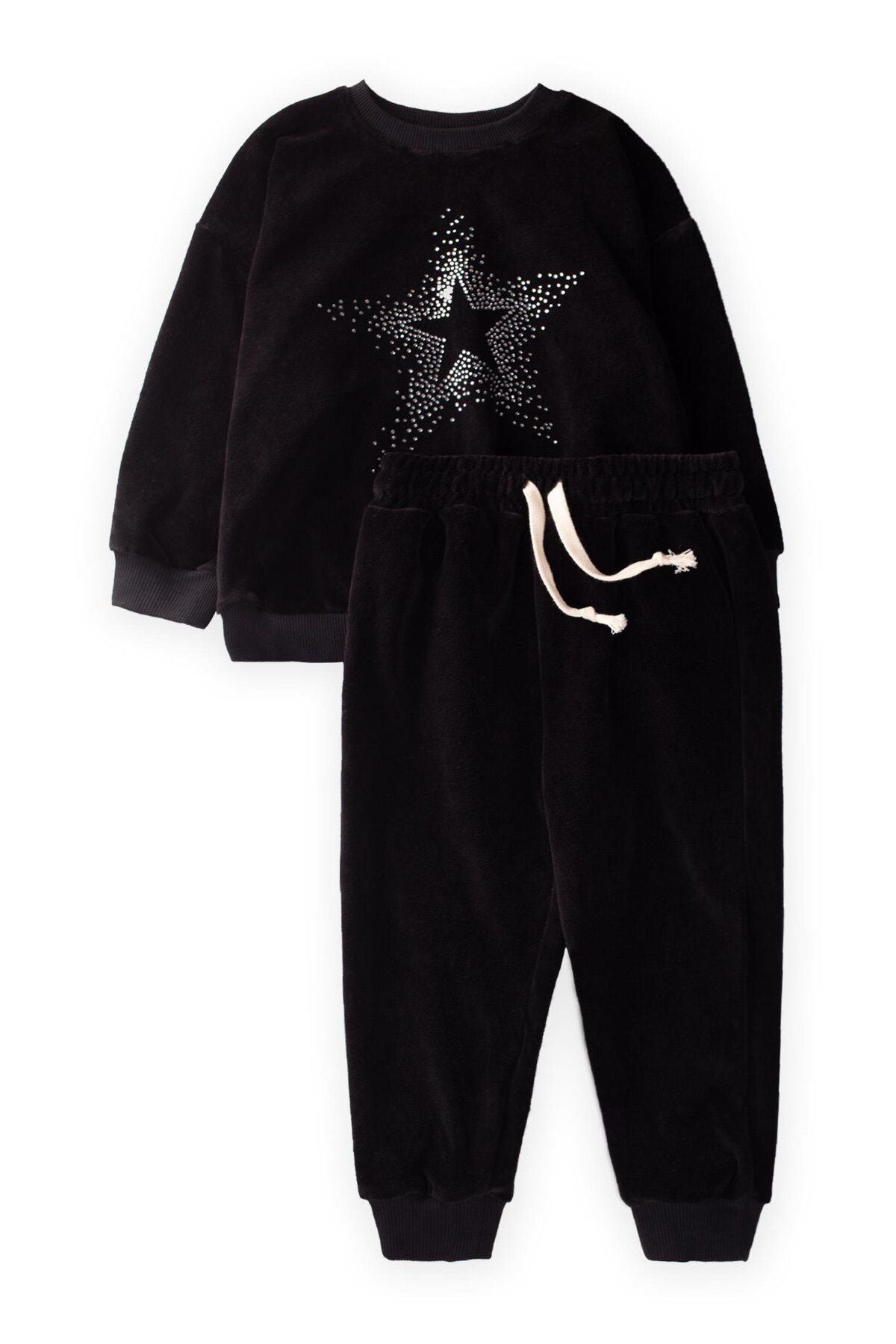 Stone Detail Velvet Girl Sweatshirt Set 2-10 Age Black