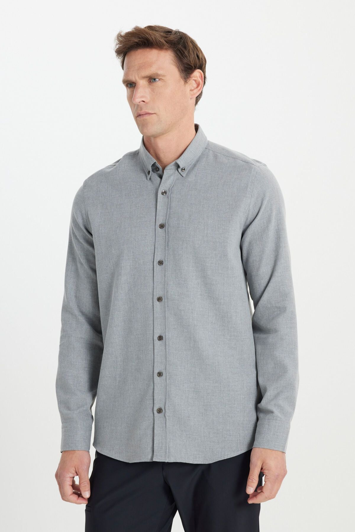 Men's light gray cotton flannel slim fit narrow cut buttoned button shirt