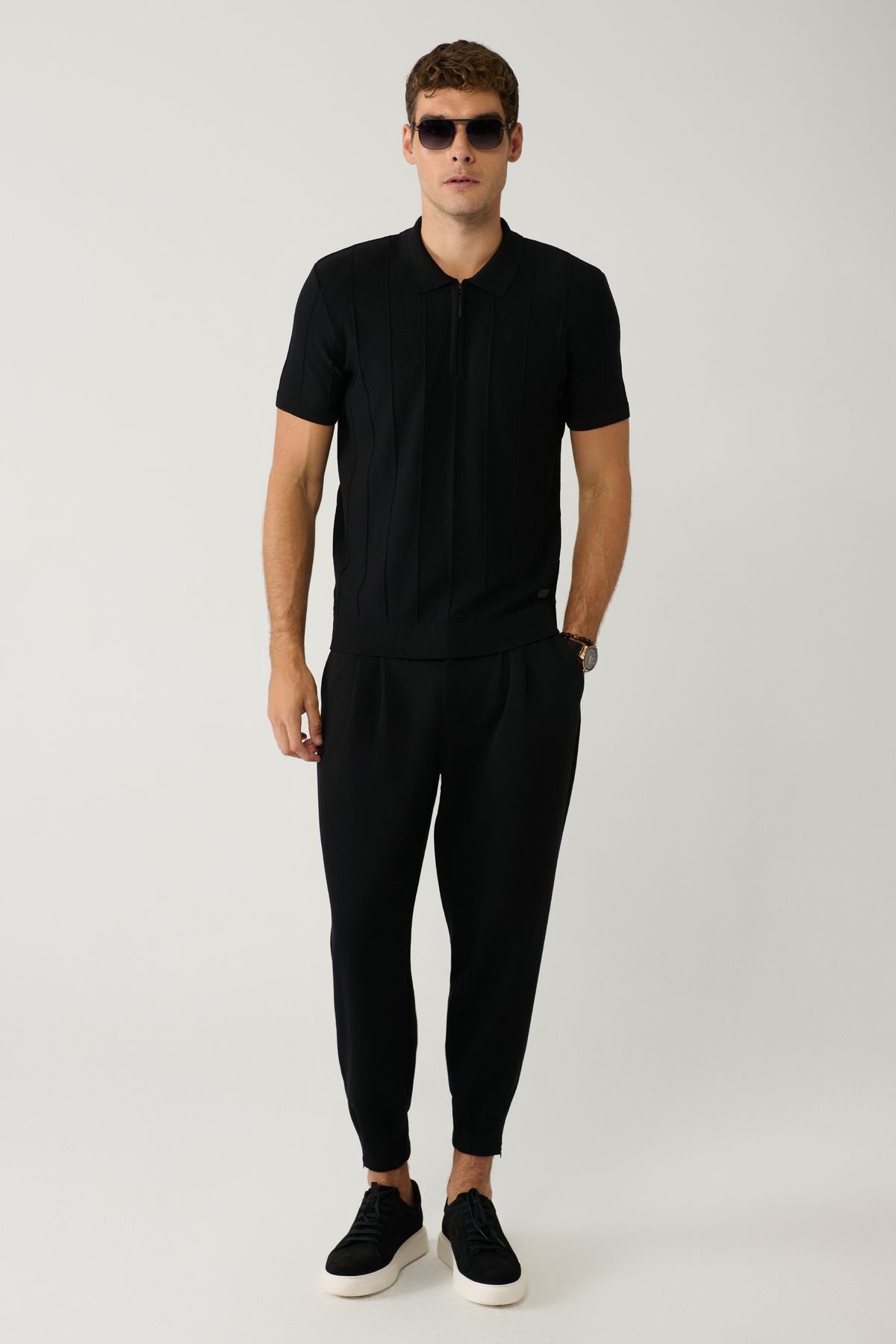 Men's black zipper rayon wick braided Polo collar knitwear T-shirt A41y5073