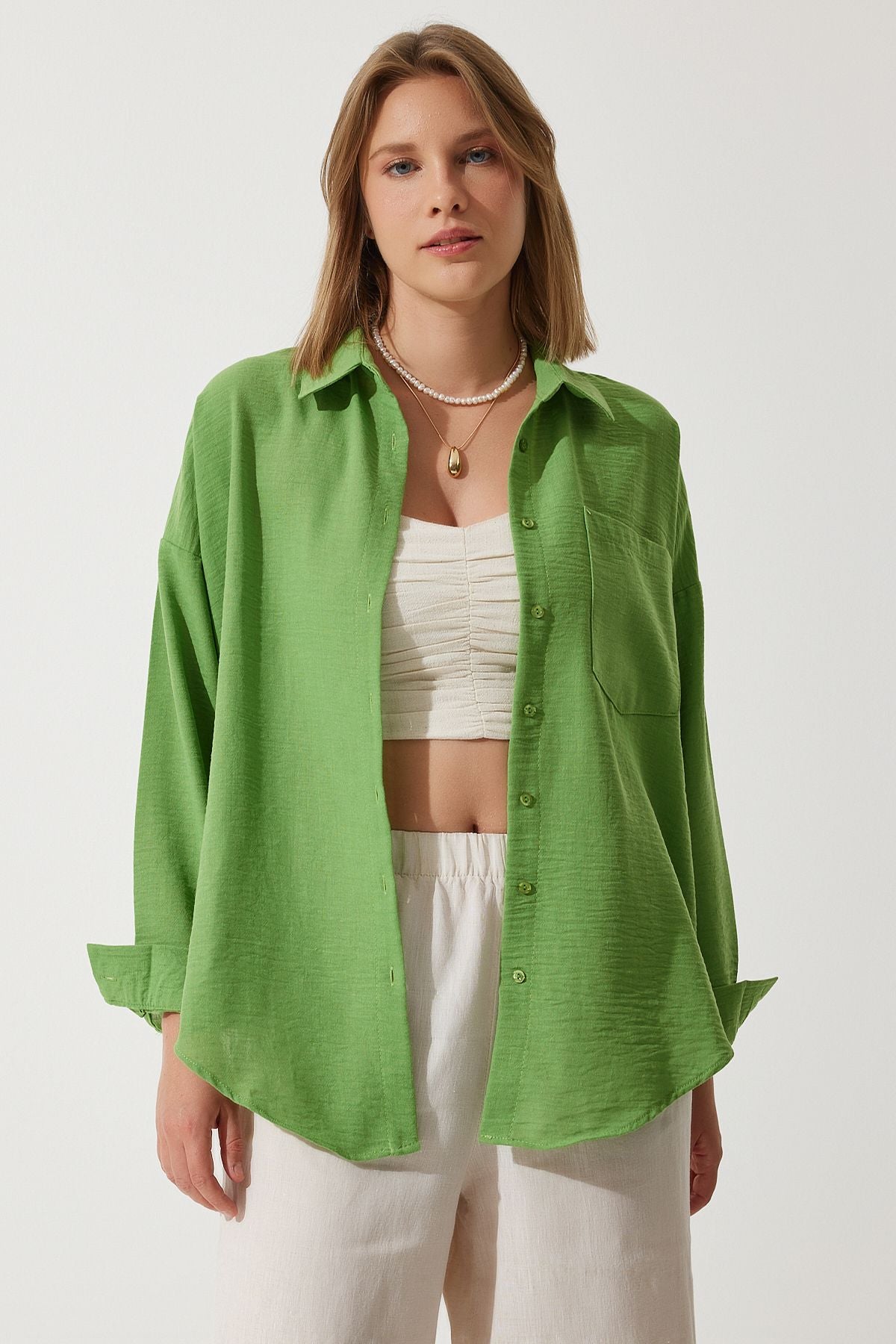 Woman Dark Cagla Green Oversize Linen Ayrrin Shirt DD01222