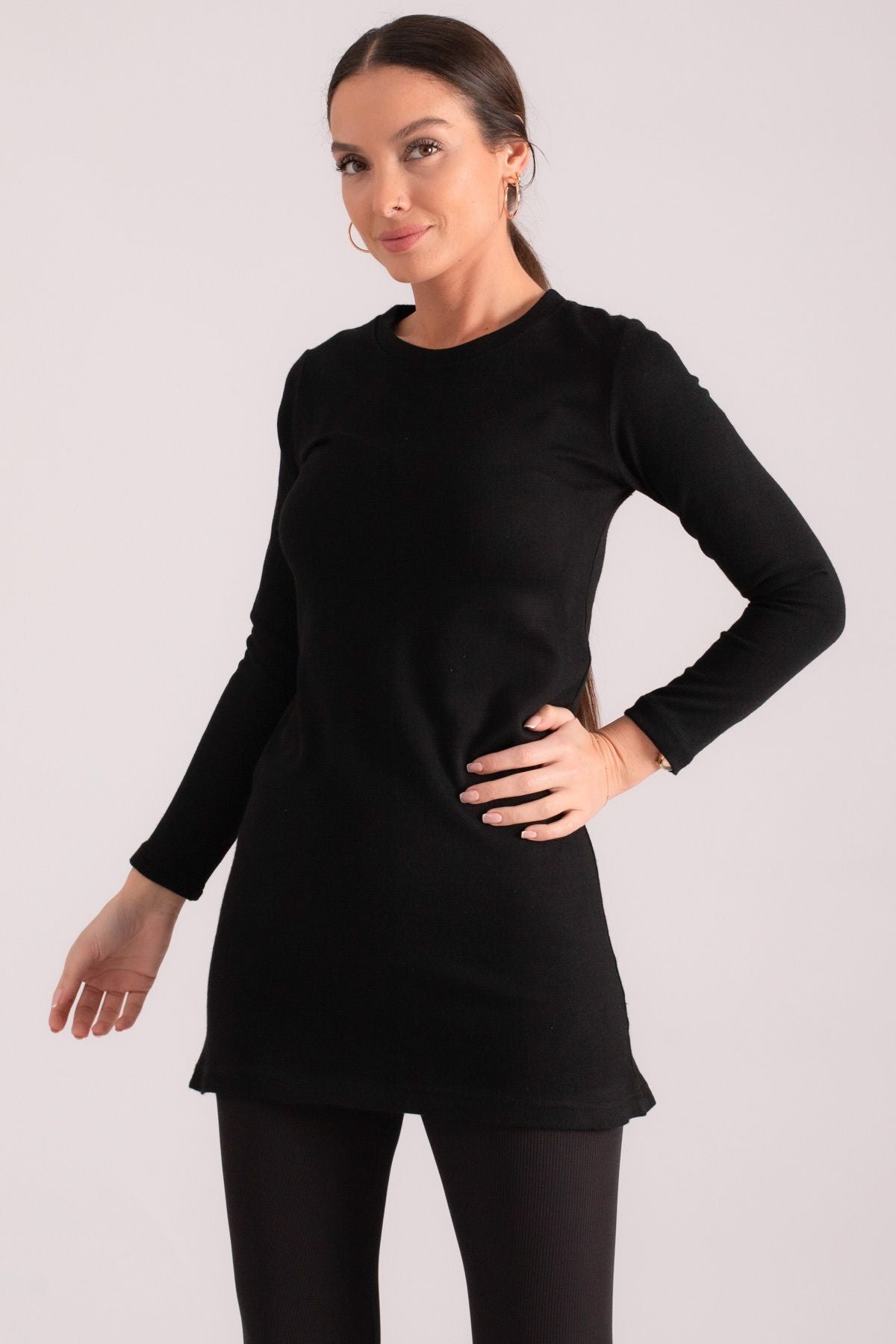 WOMEN BLACK ROUND YAKA KNITTY DRESS ARM-24K001067