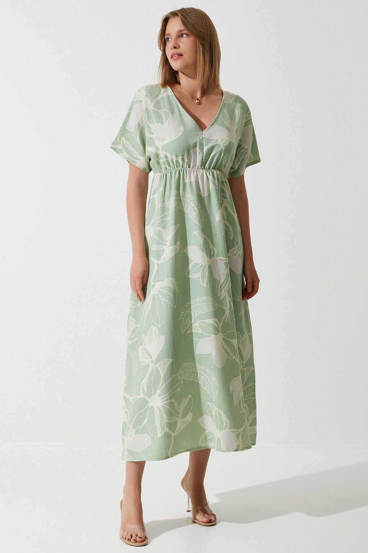 Women's Cagla Green Tropic Patterned Summer Raw Linen Dress BP00156