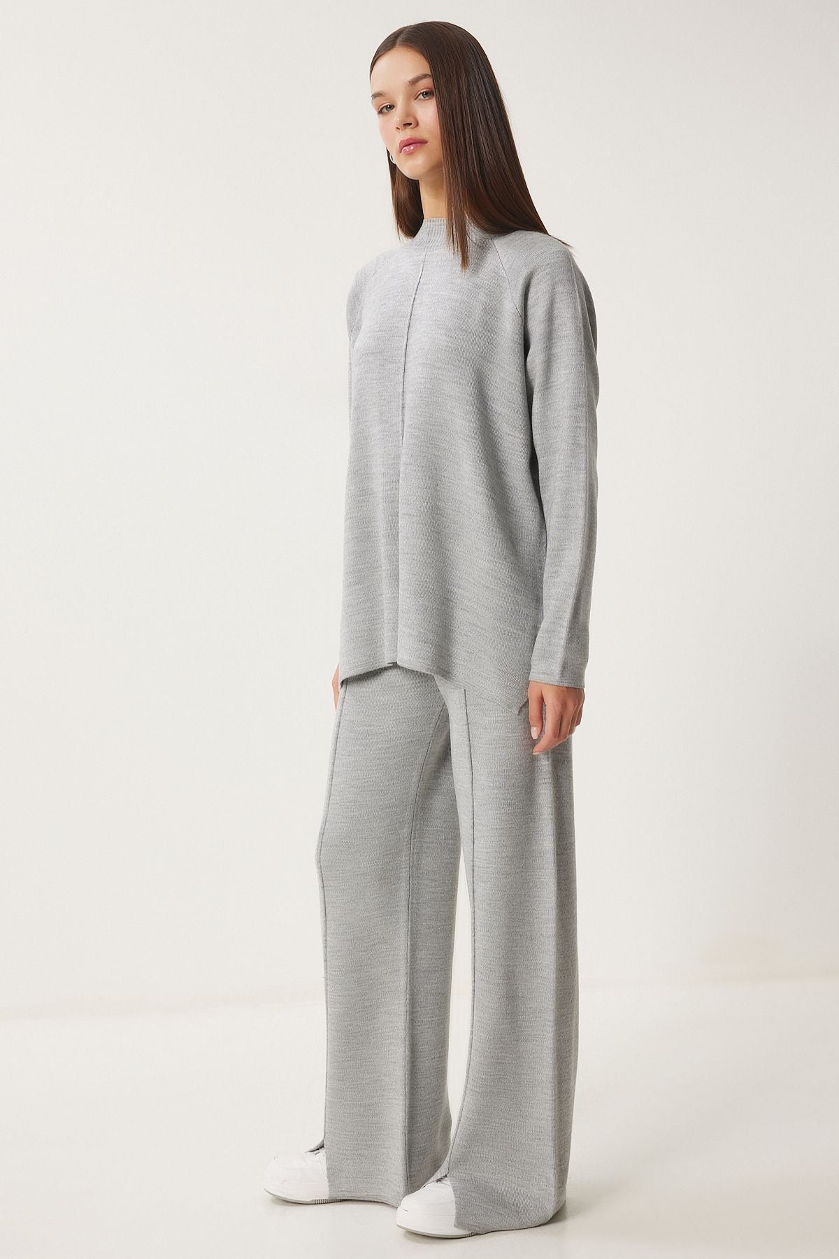 Woman Light Gray Stylish Knitwear Cossack Pants Set Mu00012