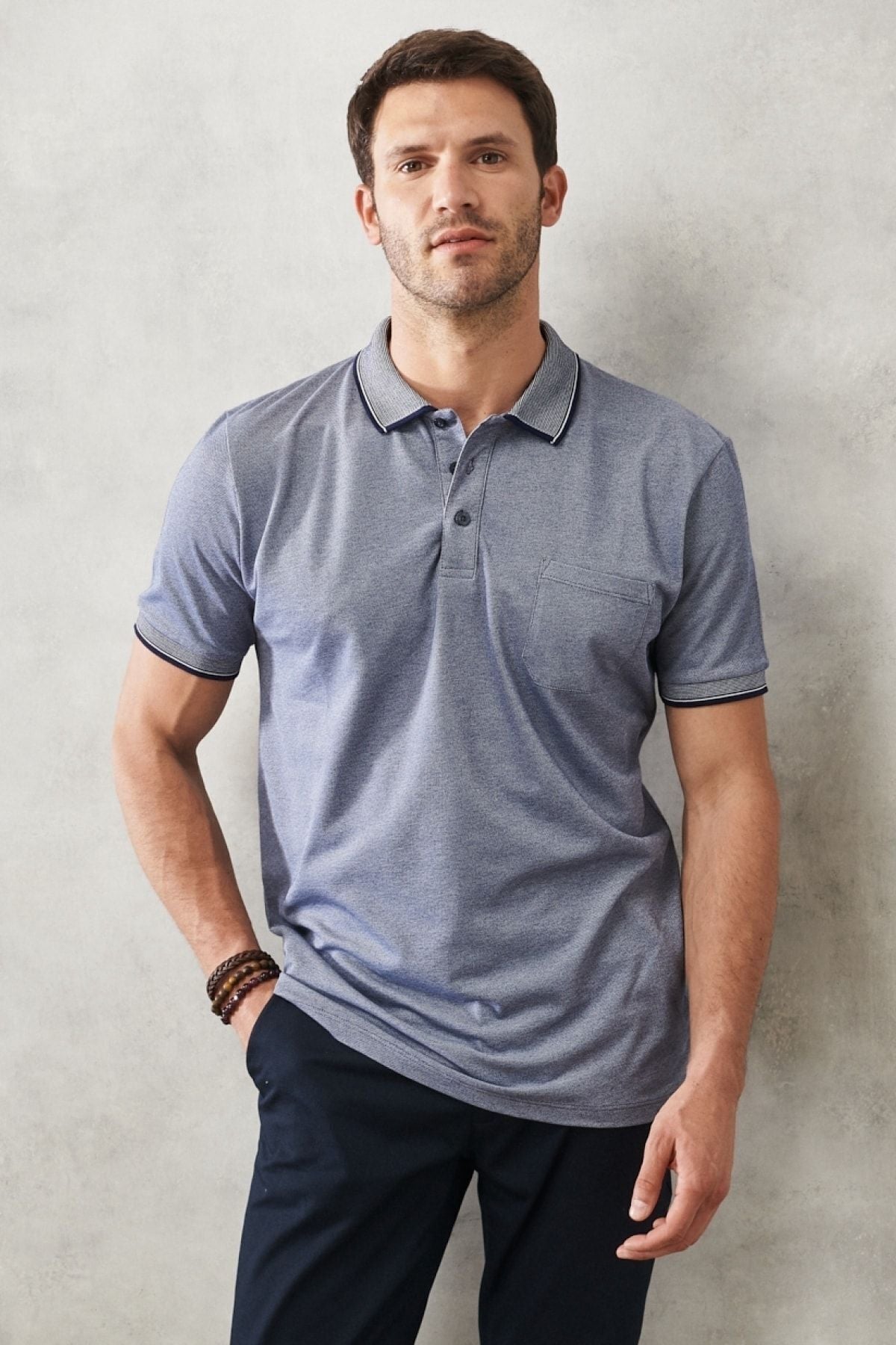 Men -Plugging Cotton Fabric Regular Fit Casual Cut Navy Blind Curlled Polo Yaka Pocket T -shirt