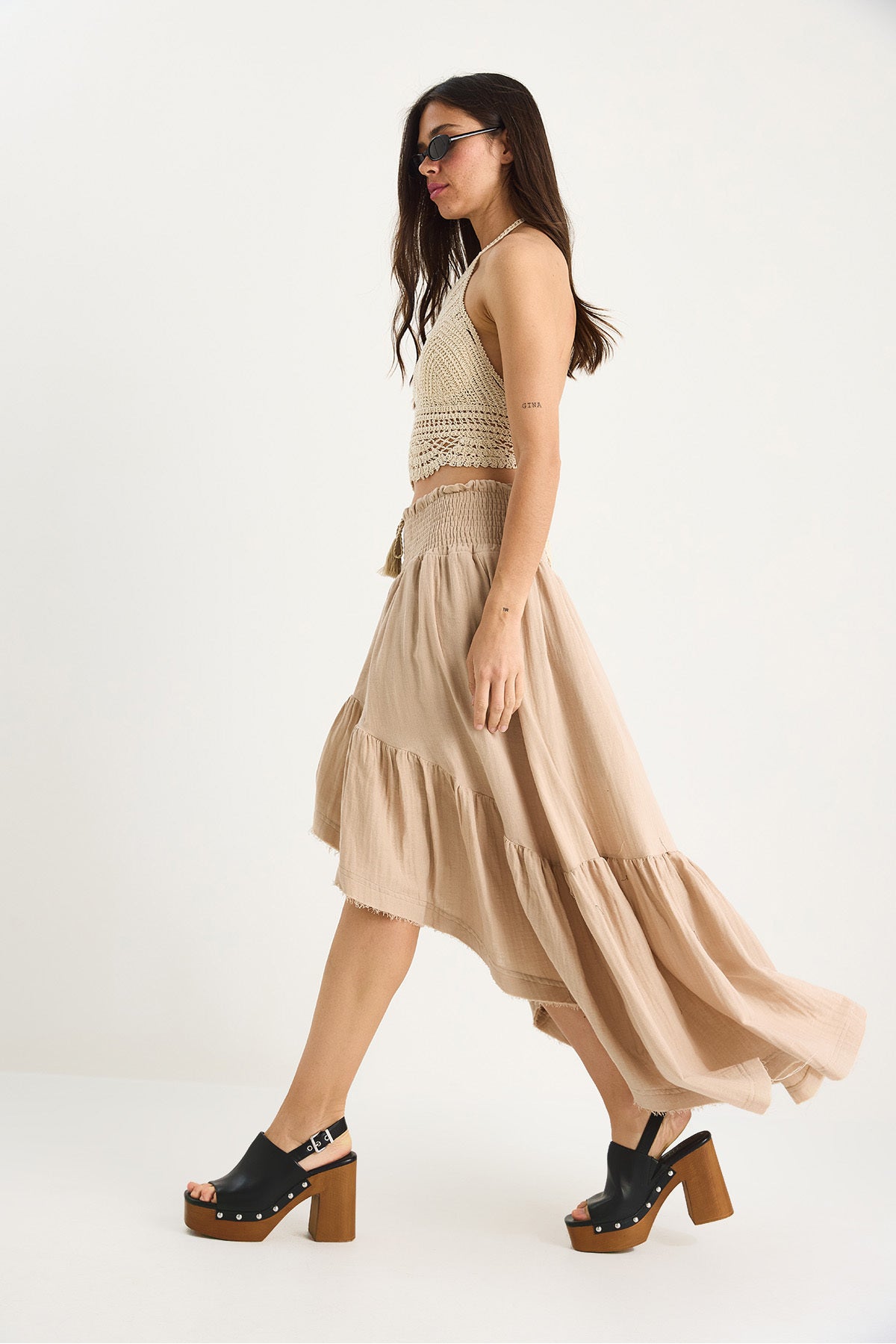 Women's Short Front Long Back Waist Gimped Lined Flounce Muslin Skirt 25S1-3001 60283411