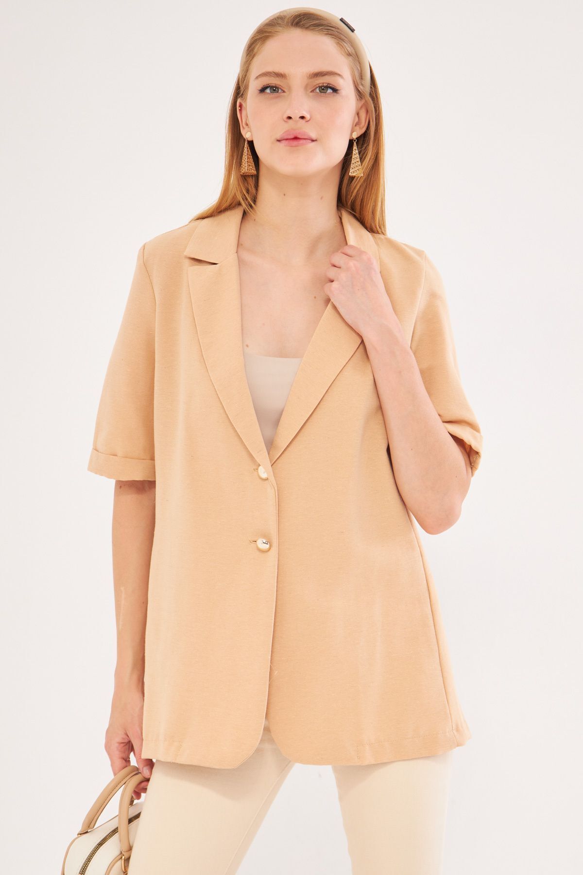 Female Beige Short Arm two buttoned oversize jacket ARM-24Y001086