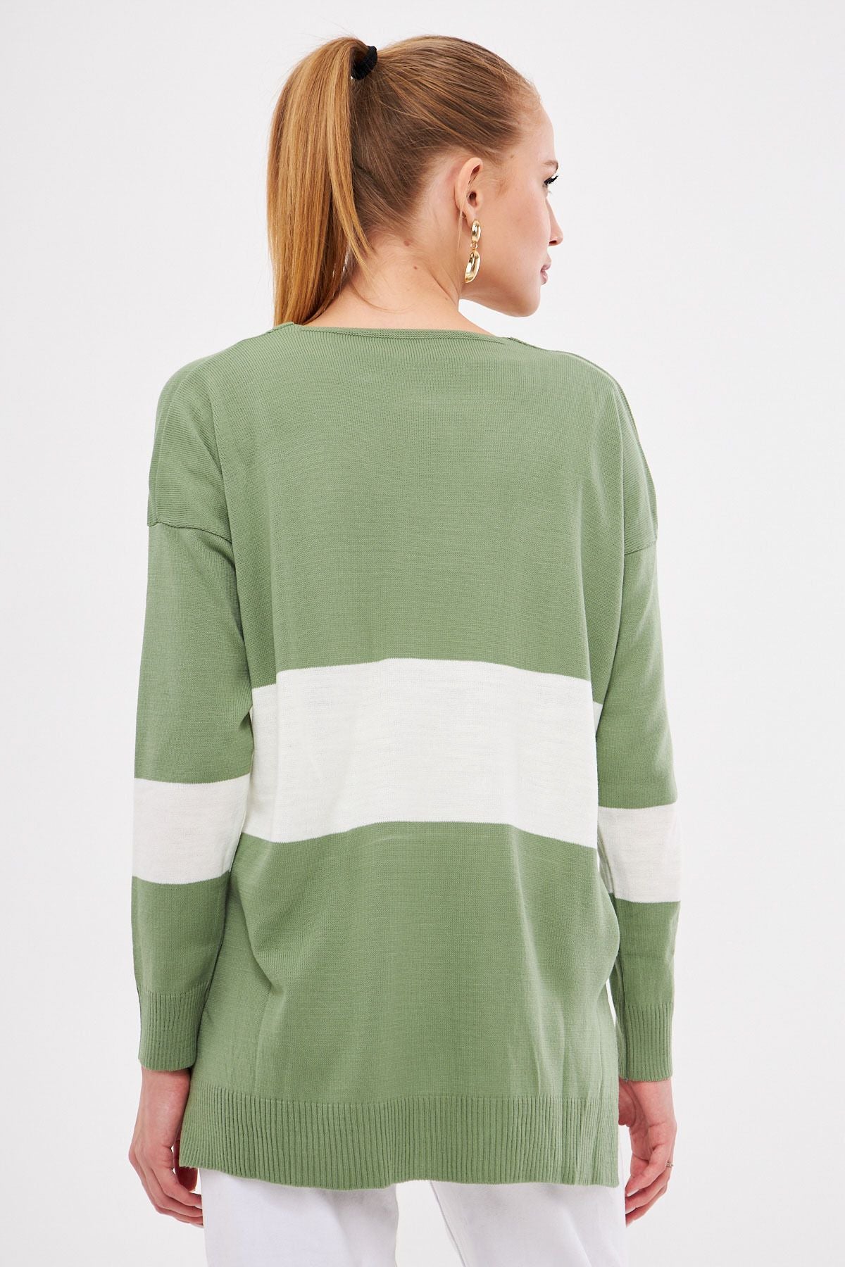 Women's Cagla Green V-Neck Two Color front Short Back Long Knitwear Sweater Arm-25k012014