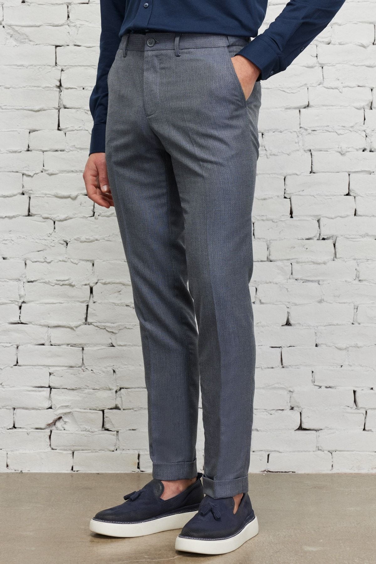 Men's navy blue-gray slim fit narrow cut patterned waist waist tire flexible pants
