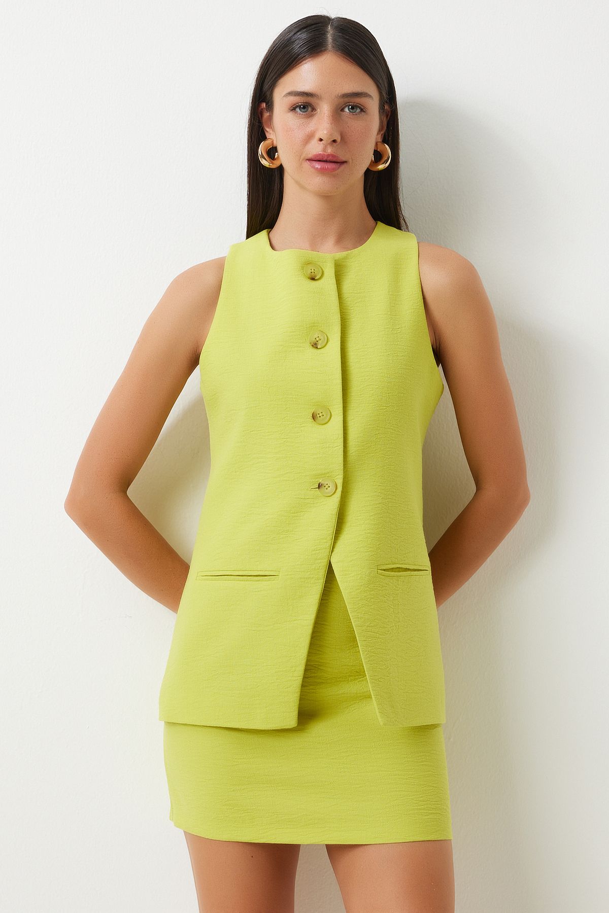 Women's Fat Green Sleeveless Vest Mini Skirt Woven Set FN03188