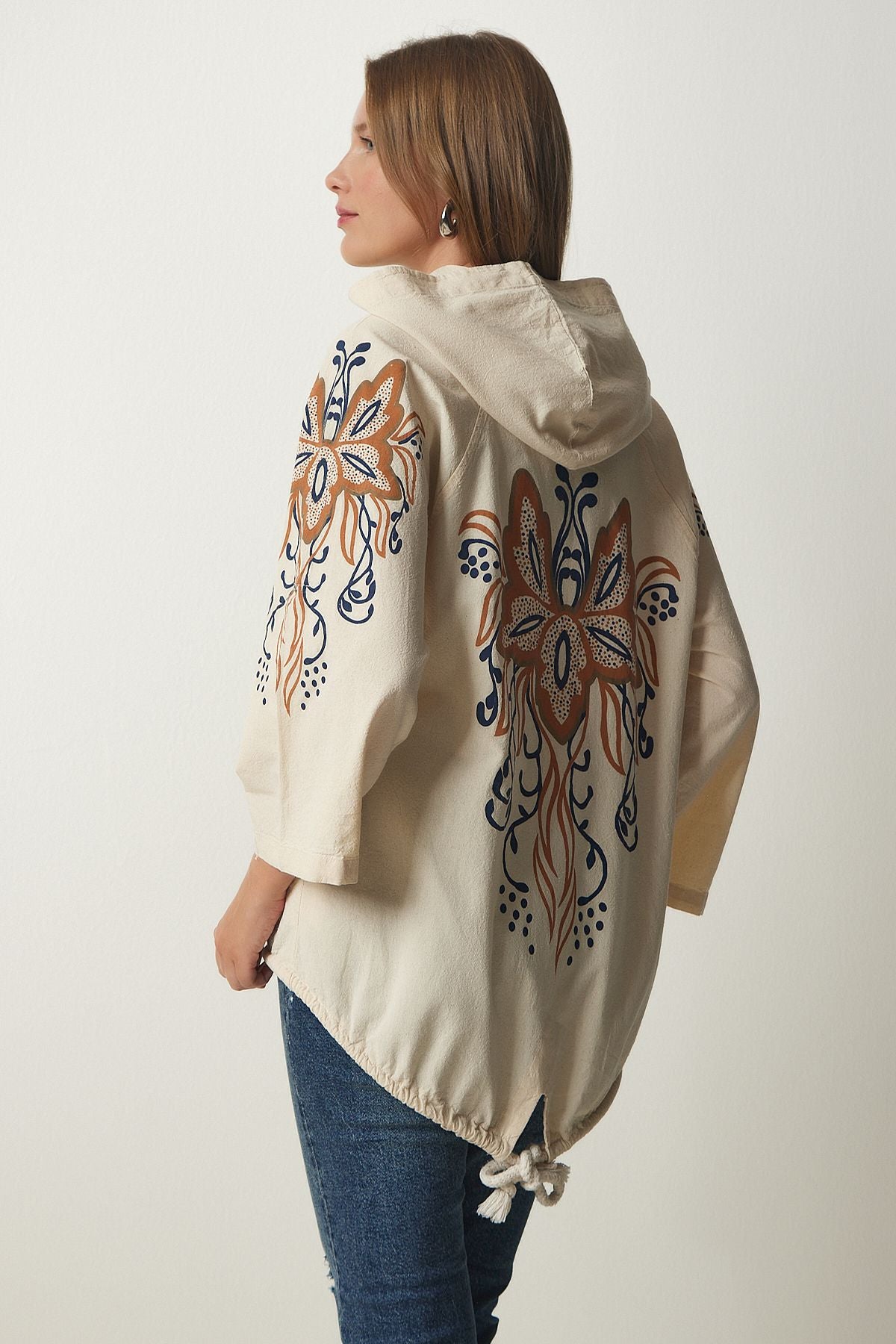 Women's cream brown printed hooded raw linen jacket sa00014