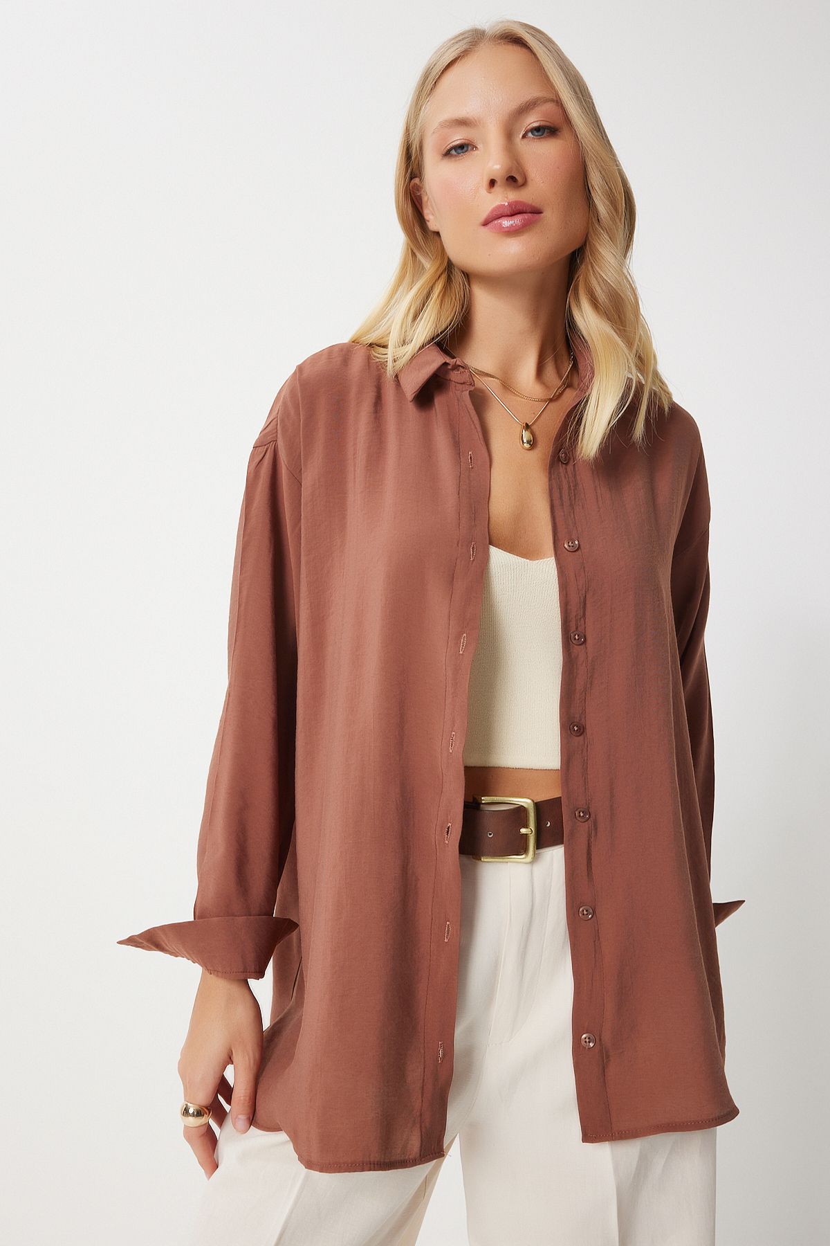 Woman Brown Oversize Long Linen Ayrobin Shirt to00141