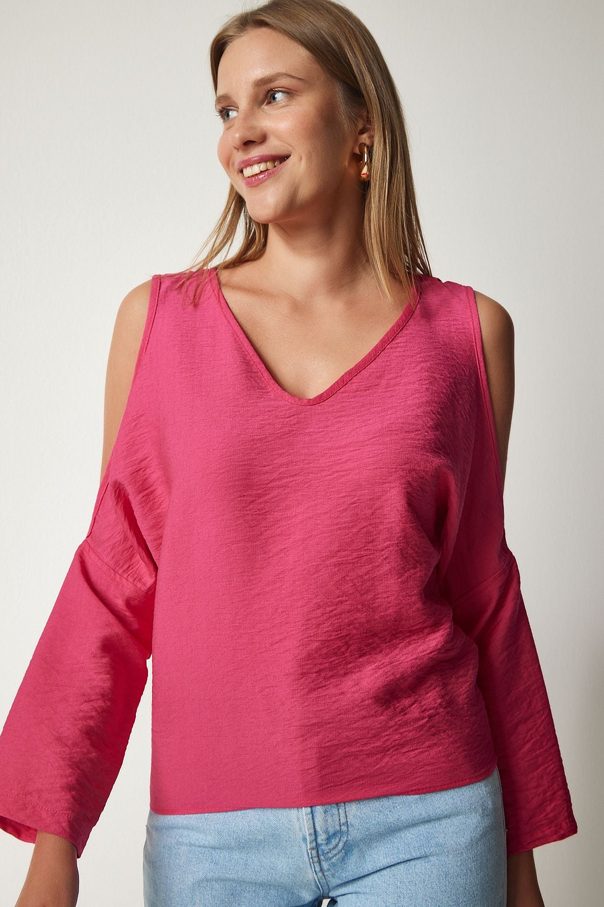 Woman Pink Shoulder Shoulder Drawn ayrobin blouse to00080