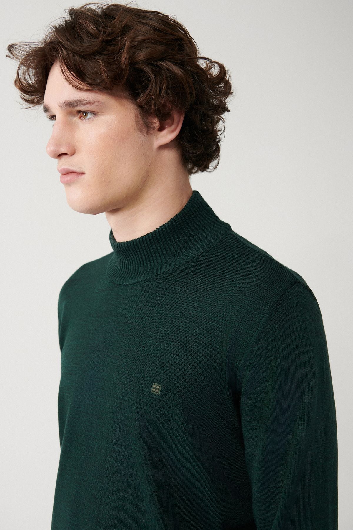 Men's Green Unisex Knitwear Sweater Half Fisherman Collar Flashing Regular Fit E005001