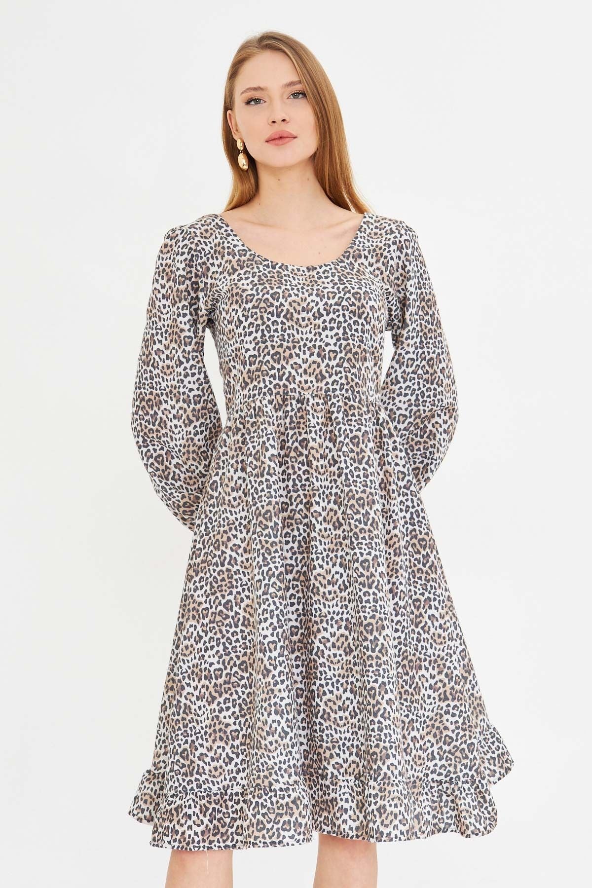 Female Beige U Back Back Zipper Waist Waist Midi Patterned Dress ARM-25K001104