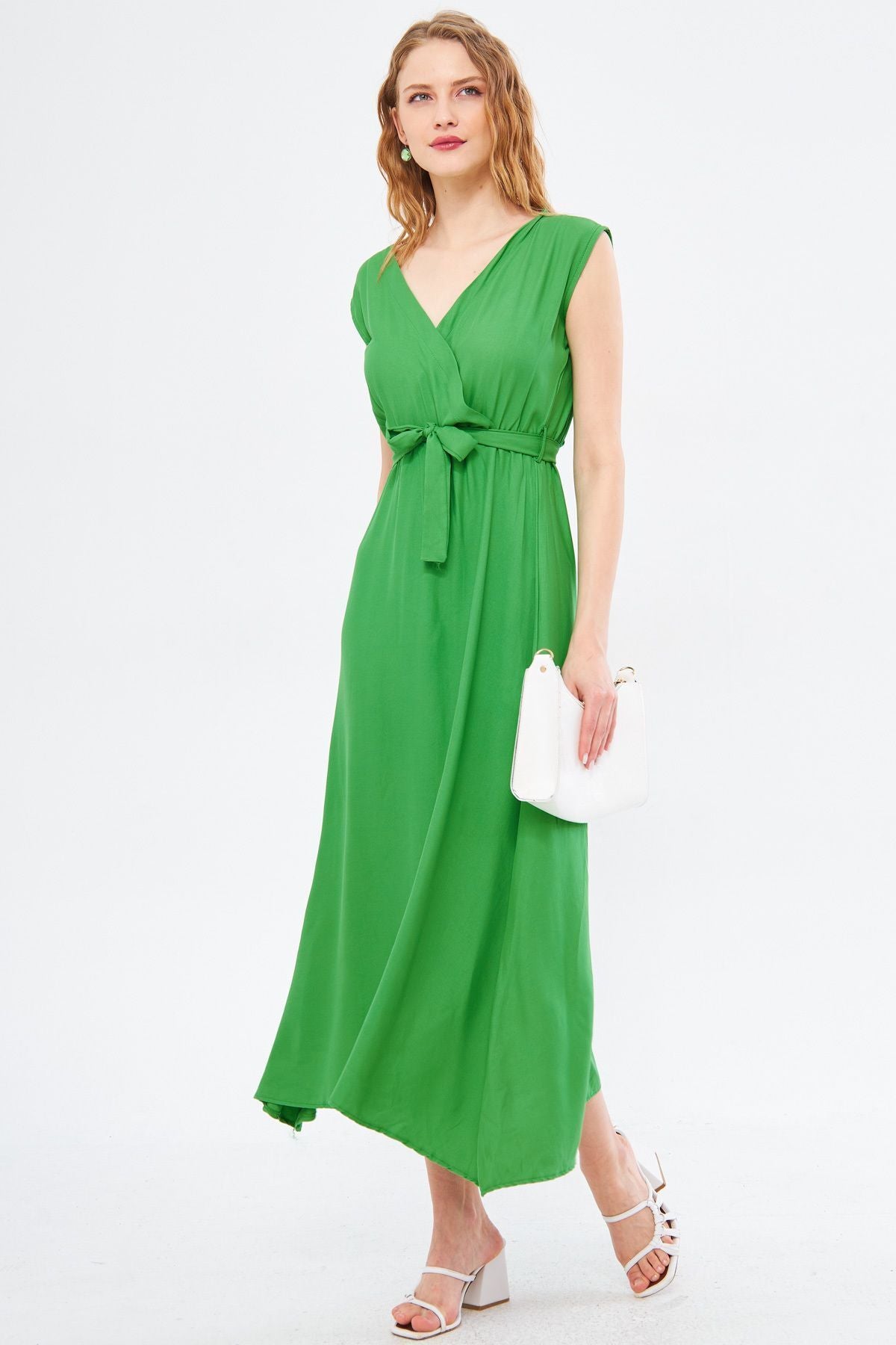 Woman Light Green Efta Dress Rear and Front Collar Cruve Belled Midi Boy ARM-24Y001027