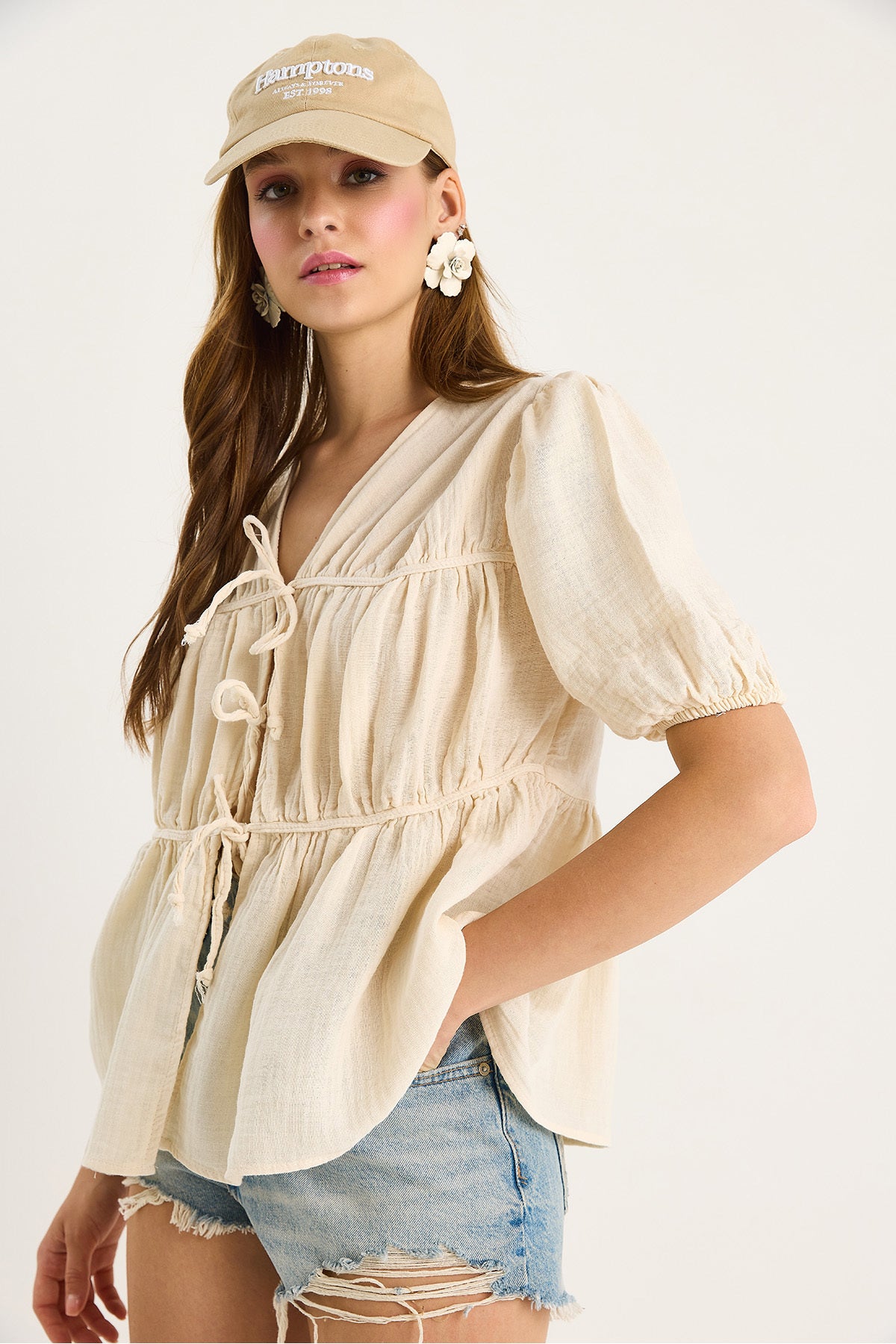 Women's Tie Detailed Short Sleeve Muslin Blouse 1024 60283459