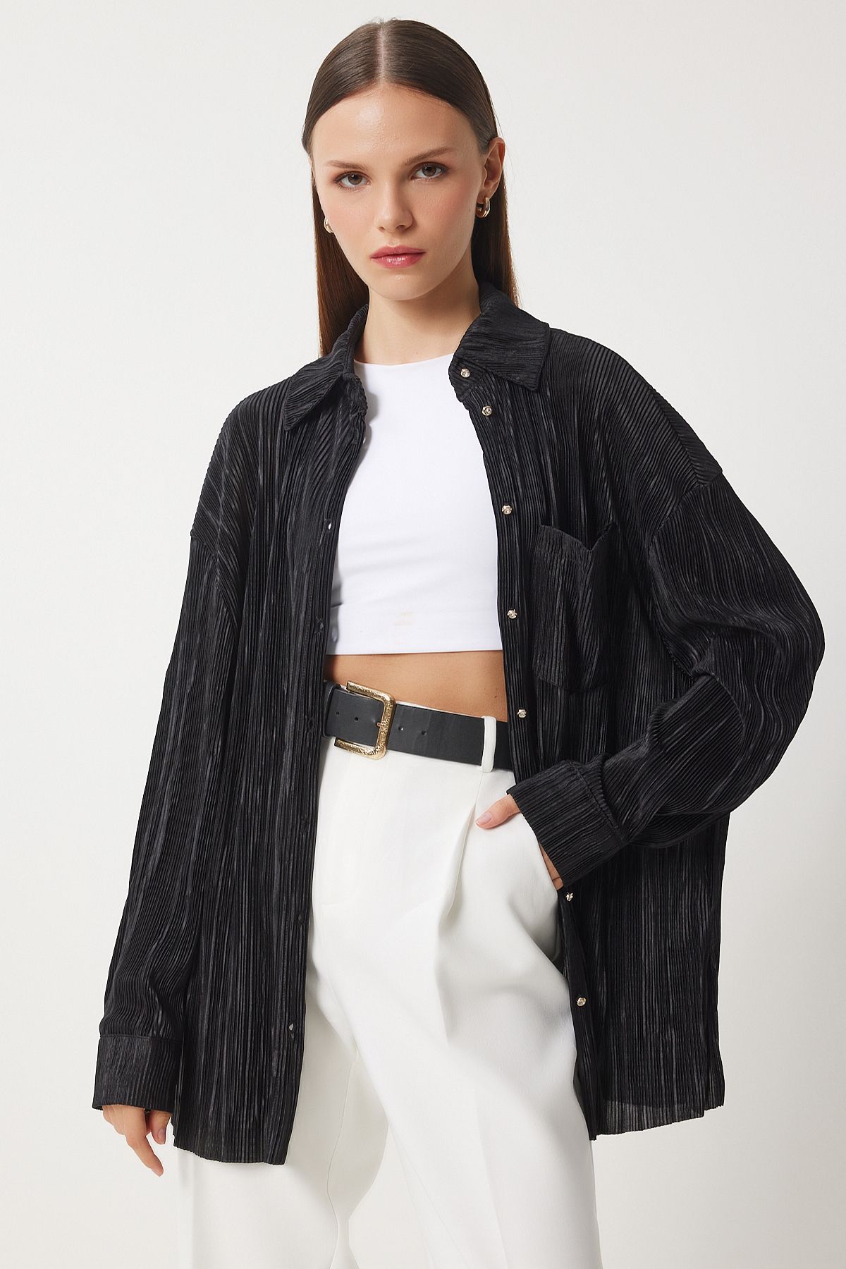 Female Black Plynated Oversize Long Shirt FN03216