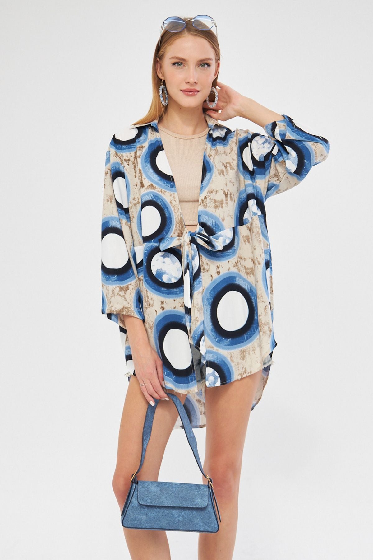 Female Stone Patterned front-binding kimono shirt ARM-24Y001080