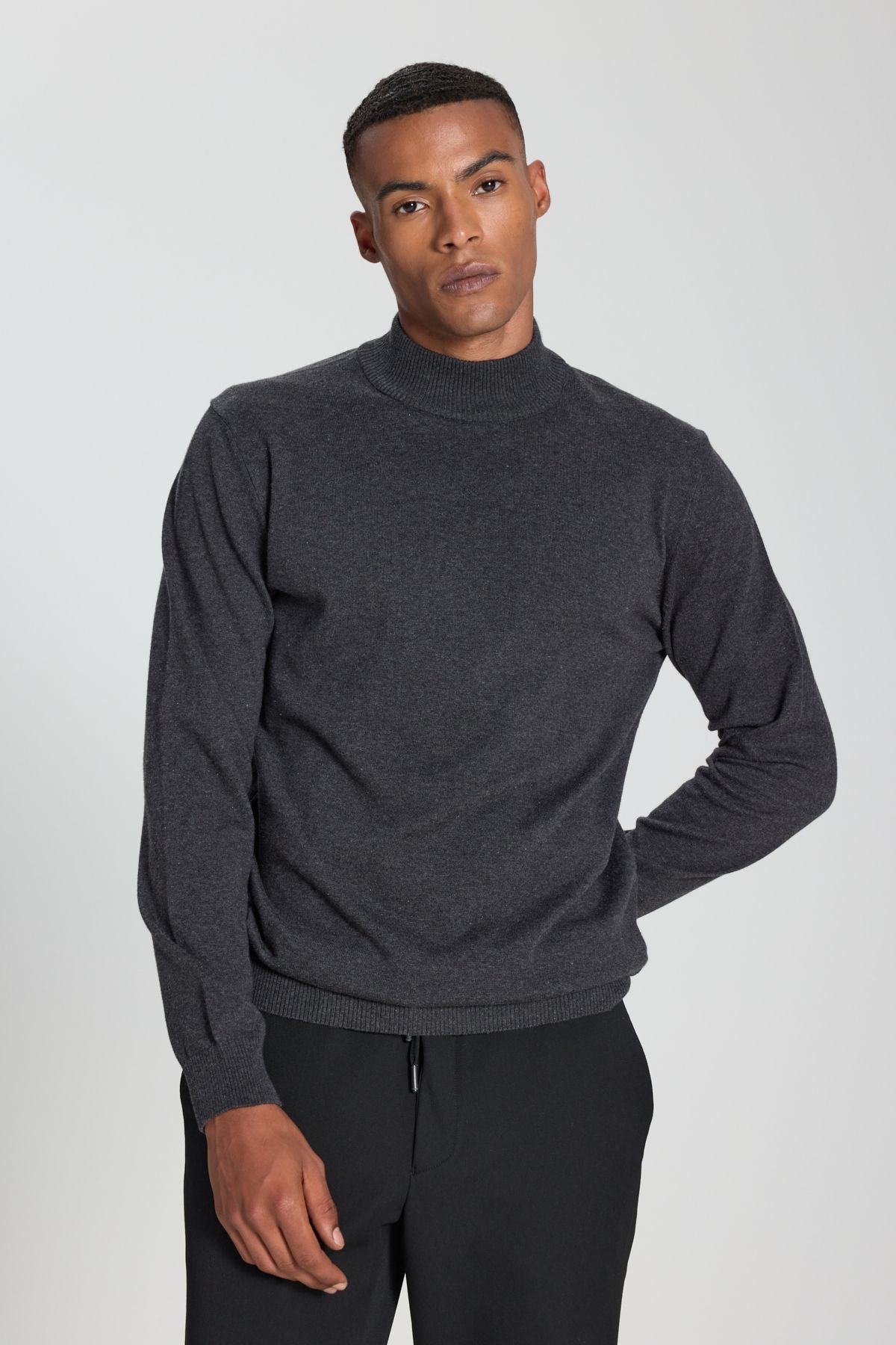 Men's anthracite-melanj cotton standard fit Normal cut half fisherman collar knitwear sweater