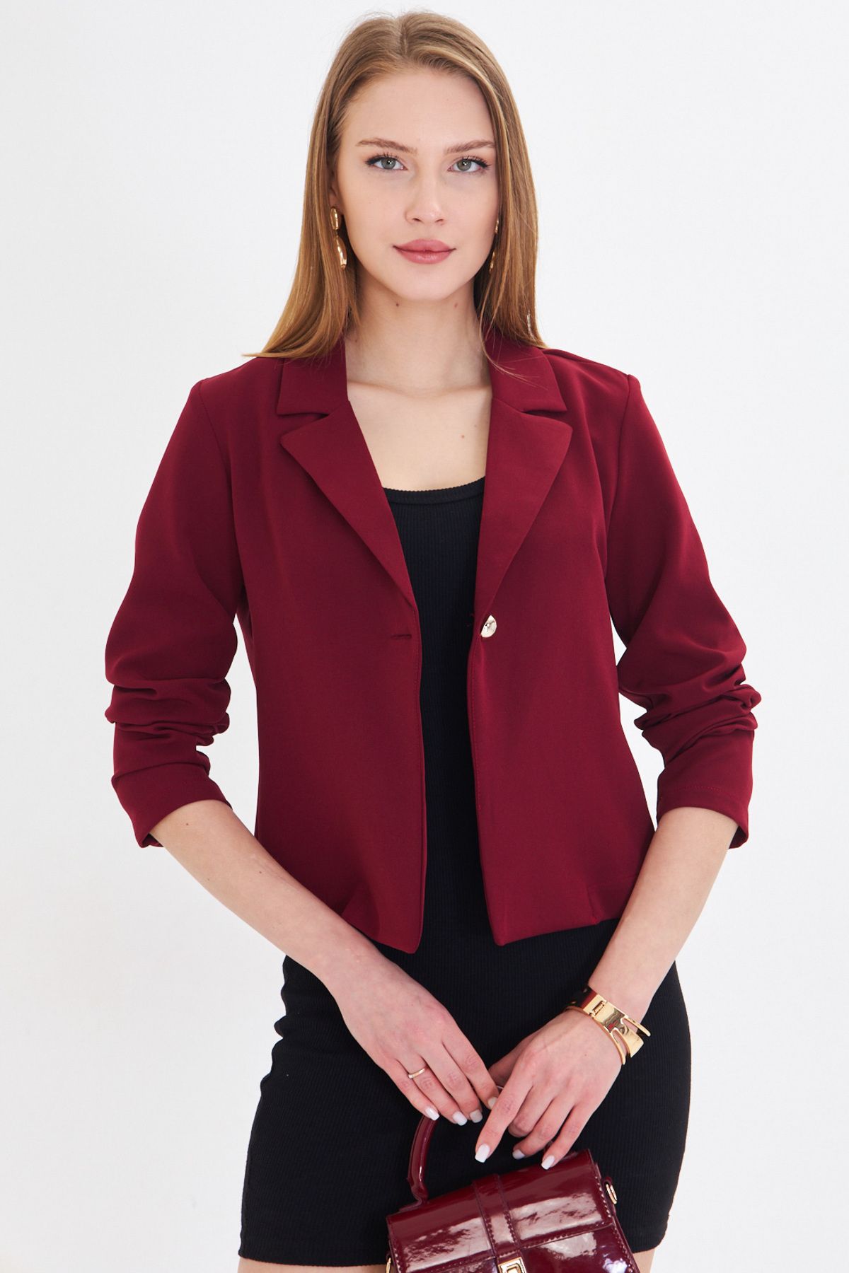 Woman Bordeaux Single Button Crop Jacket ARM-221237