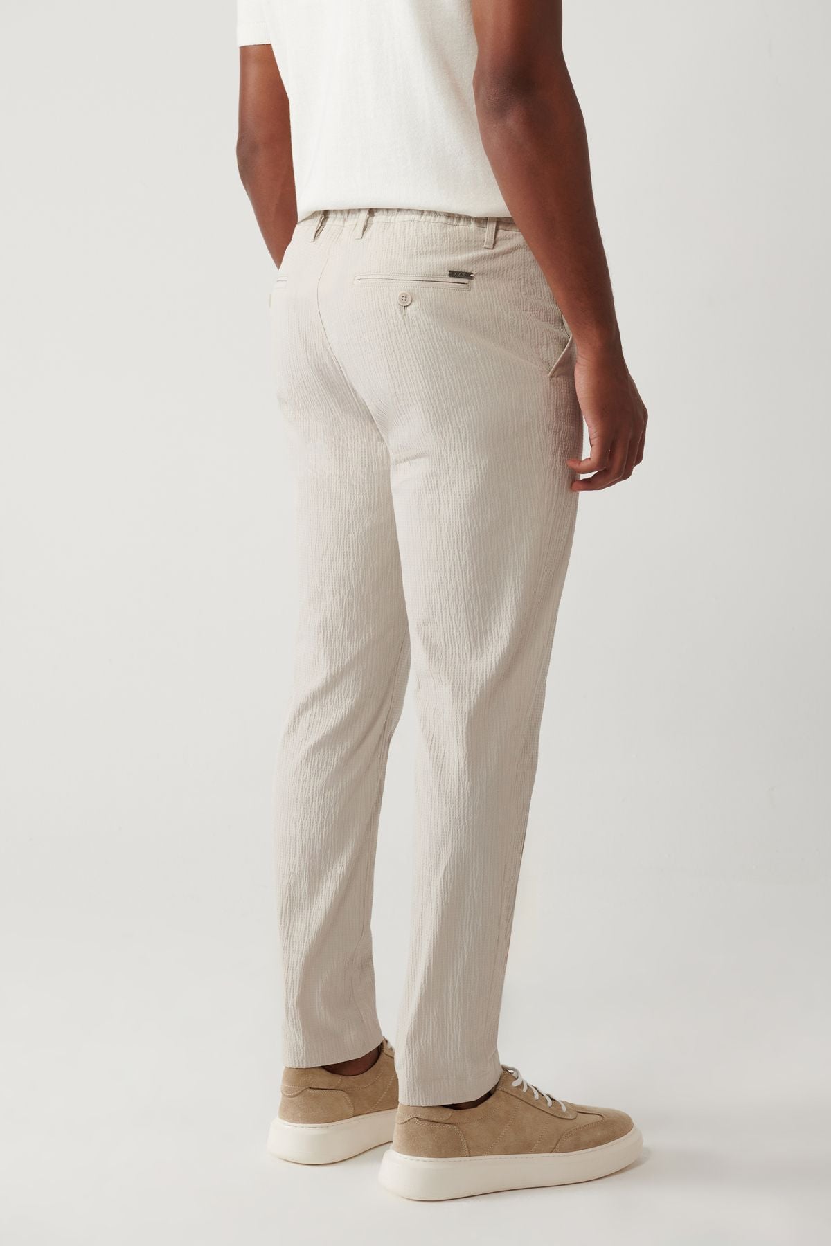 Men's Beige Side Pocket Flexible Fabric Wedding Cotton Lightweight Pants A41y3202