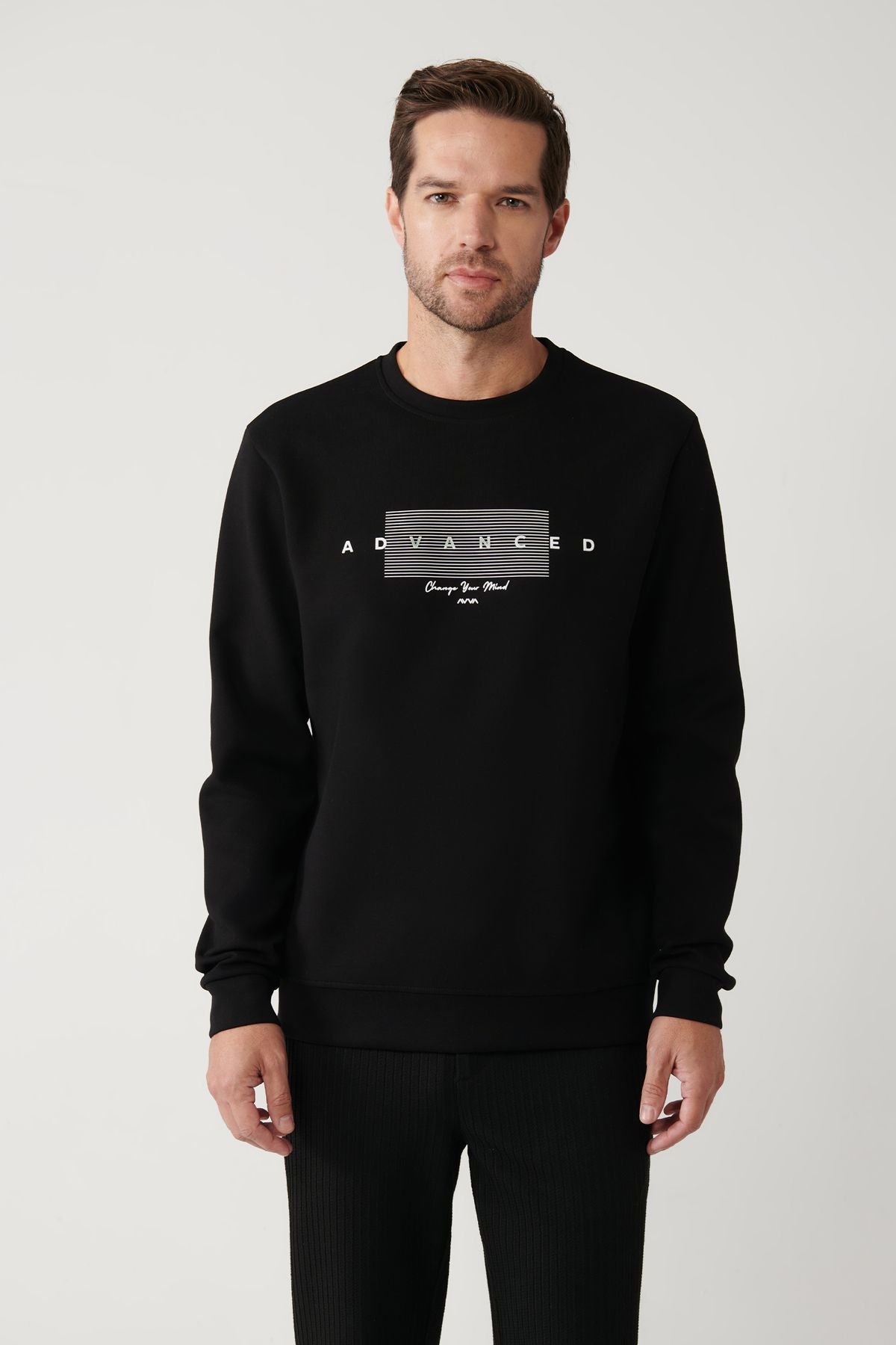 Erkek Siyah Bisiklet Yaka Interlok Kumaş Baskılı Sweatshirt A32y1371