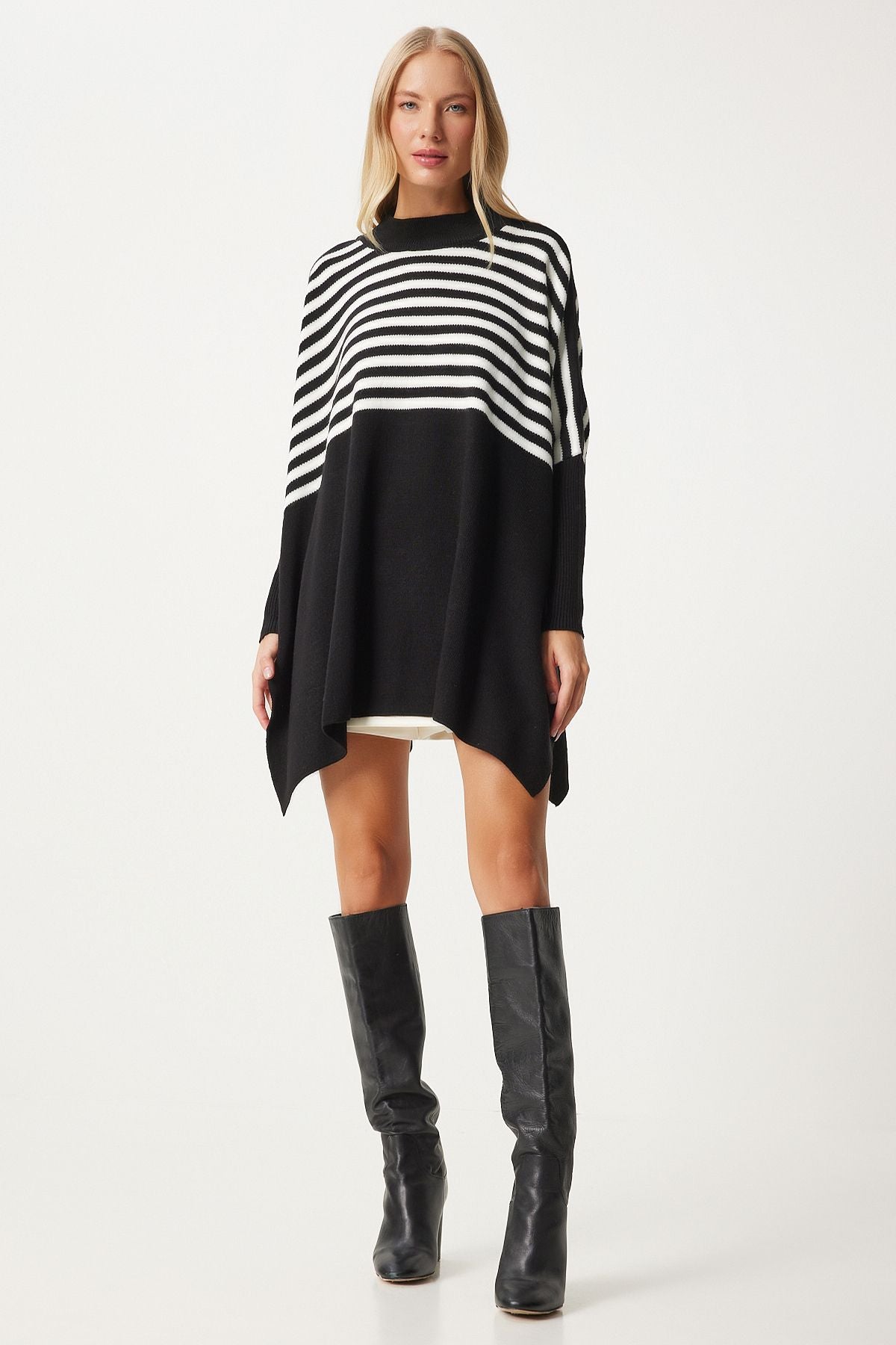 Women's black striped side slit overlawing poncho sweater DD01336