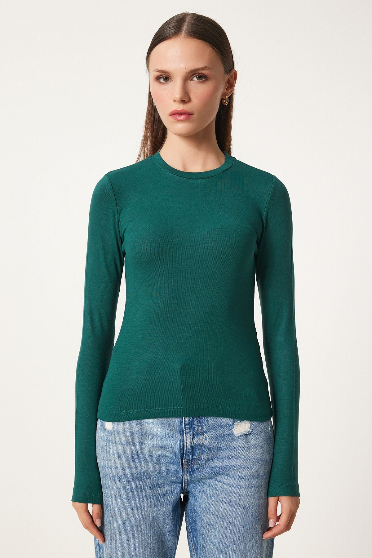 Female Emerald Green Bike Basic Knitting Blouse CR00439