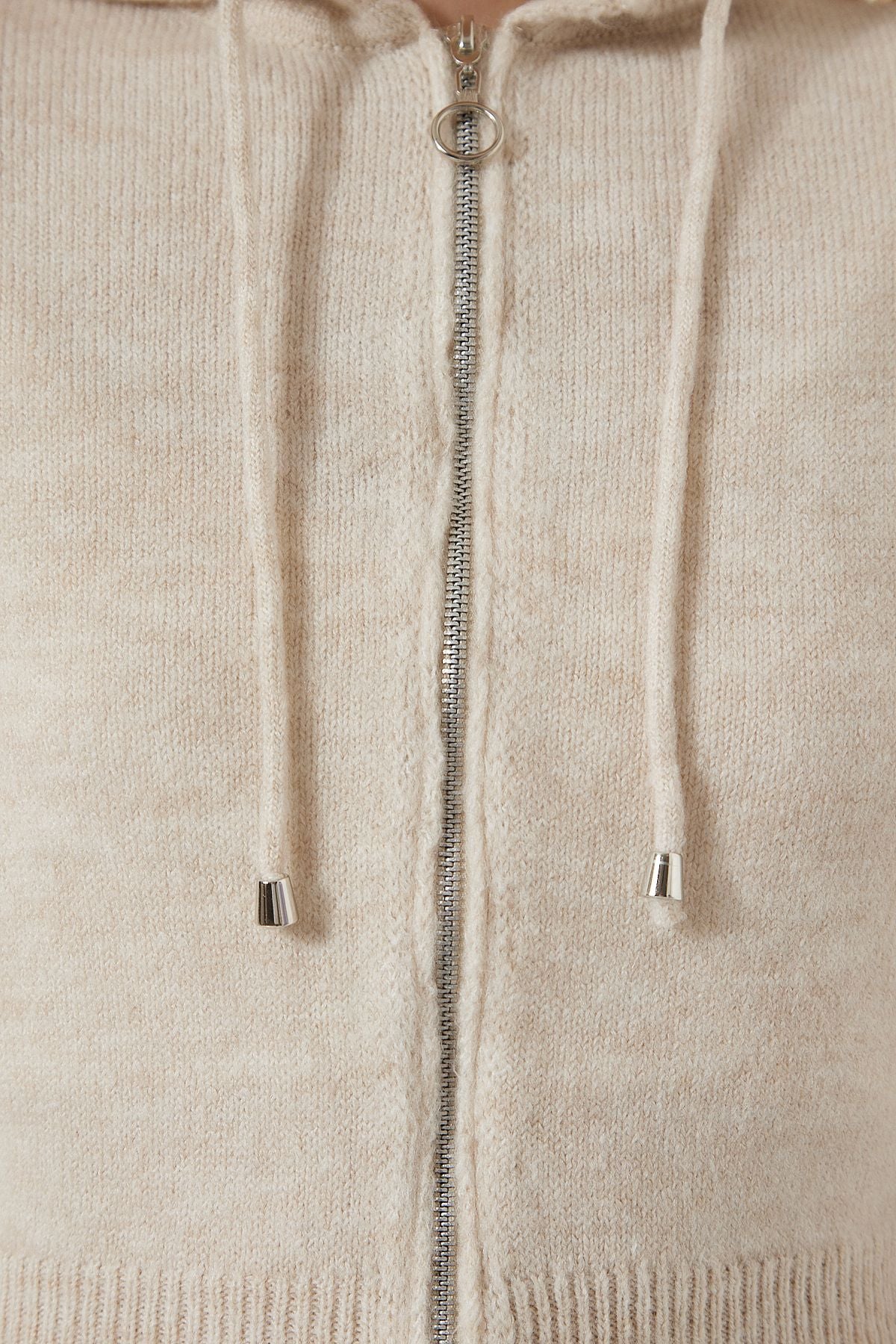 Female Beige Hooded Zipper Triko Cardigan YY00203
