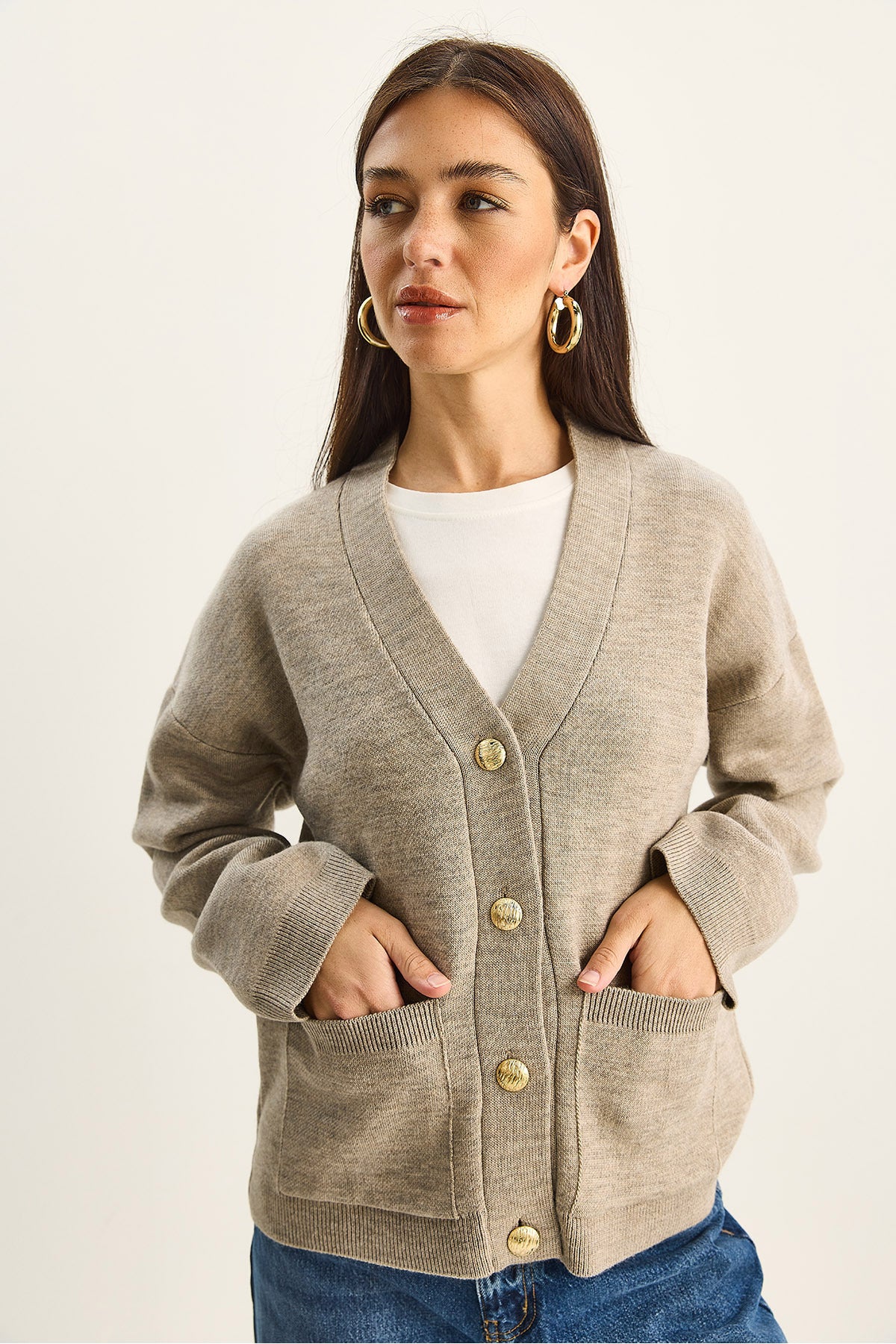Women's Buttoned Pocket Detailed V-Neck Long Sleeve Knitwear Cardigan TH251059 60283799