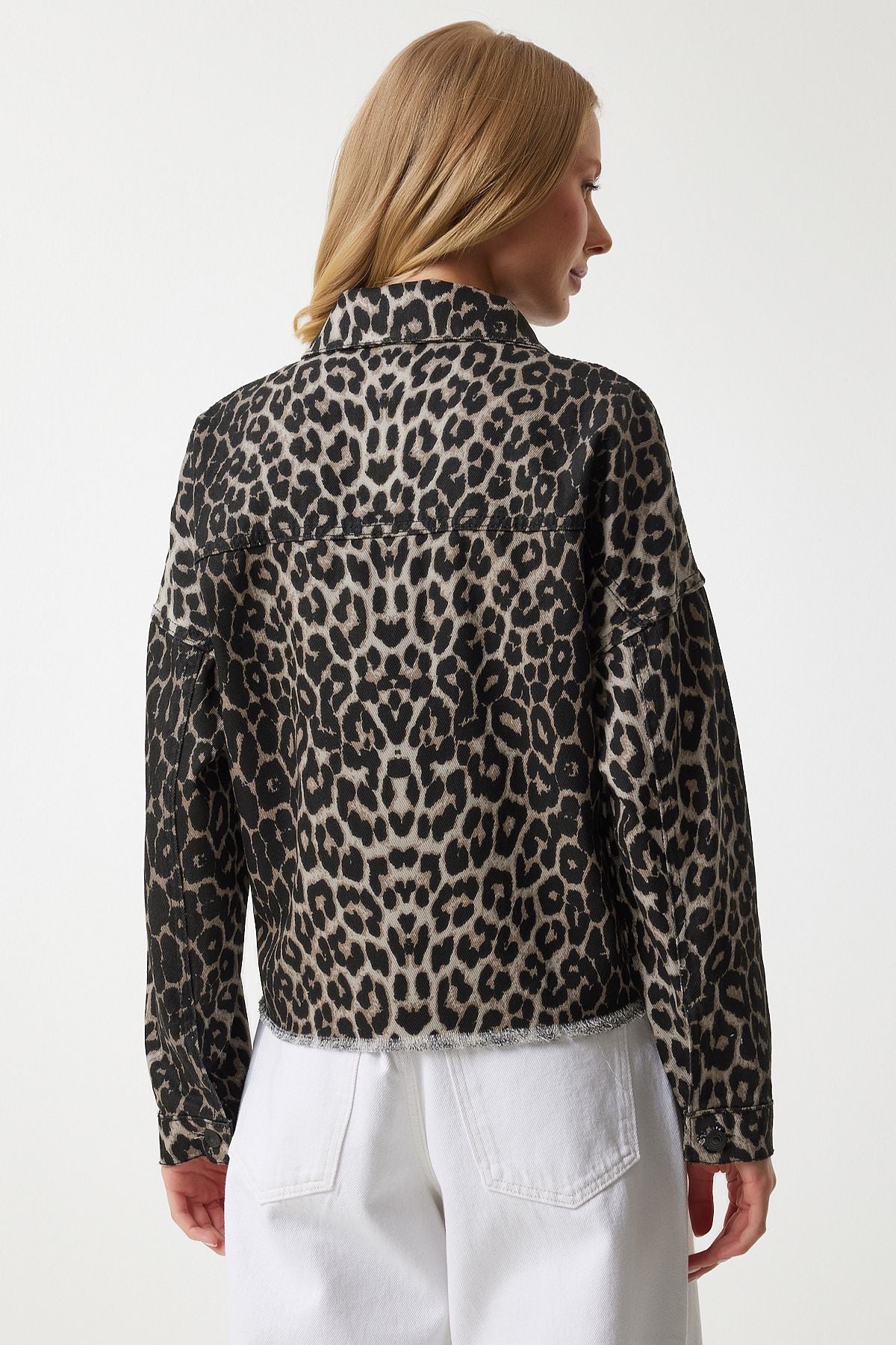 Woman Dark Beige Black Leopard Patterned Denim Jacket VC00007