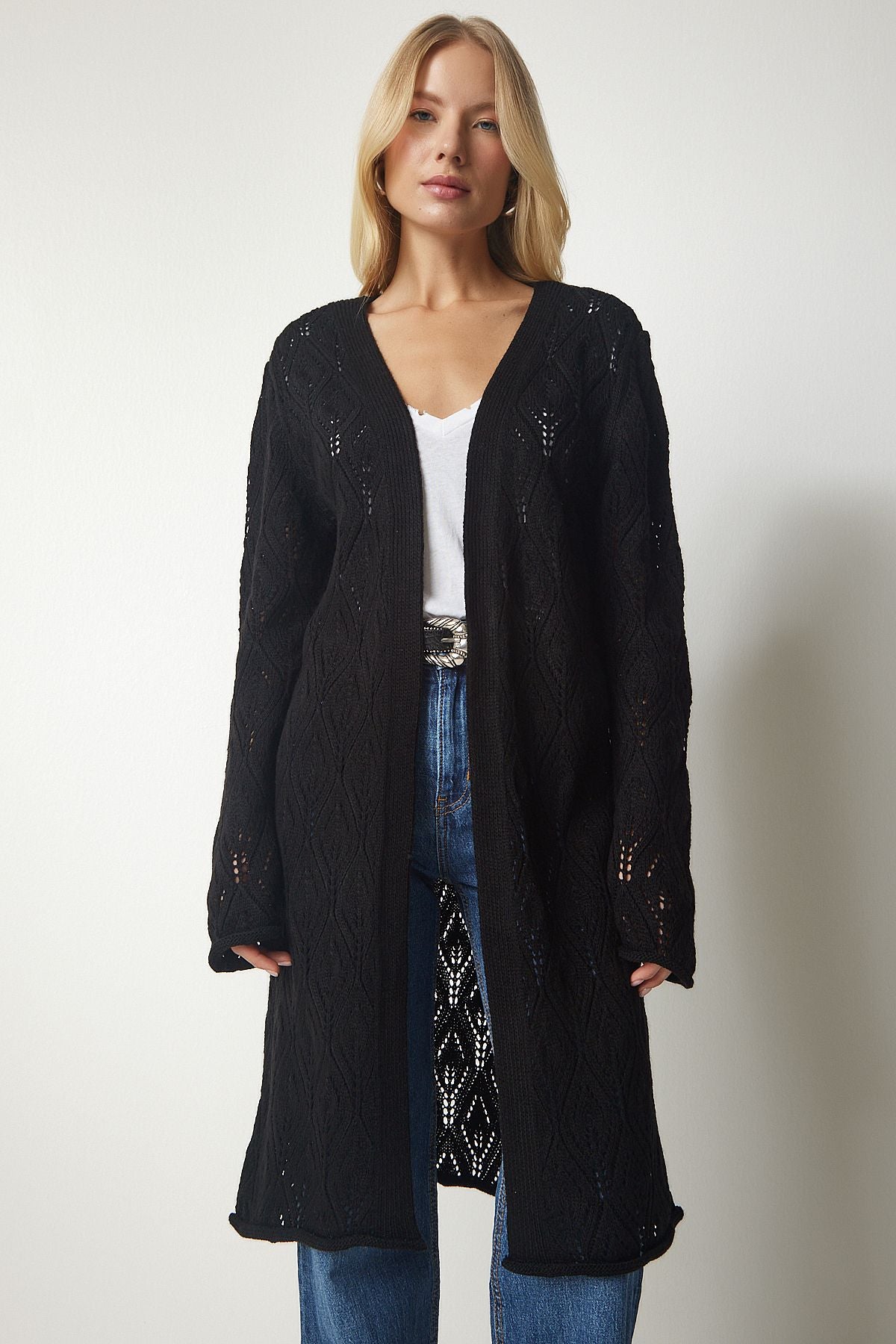WOMEN BLACK HAPPY LONG KNITTY CARDIAN MX00136