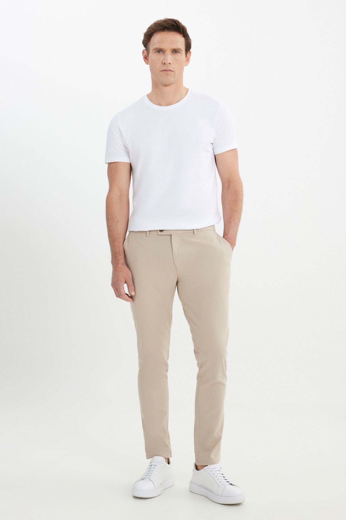 Men's Beige Slim Fit Italian Cutting Side Pocket Flexible Casual Pants