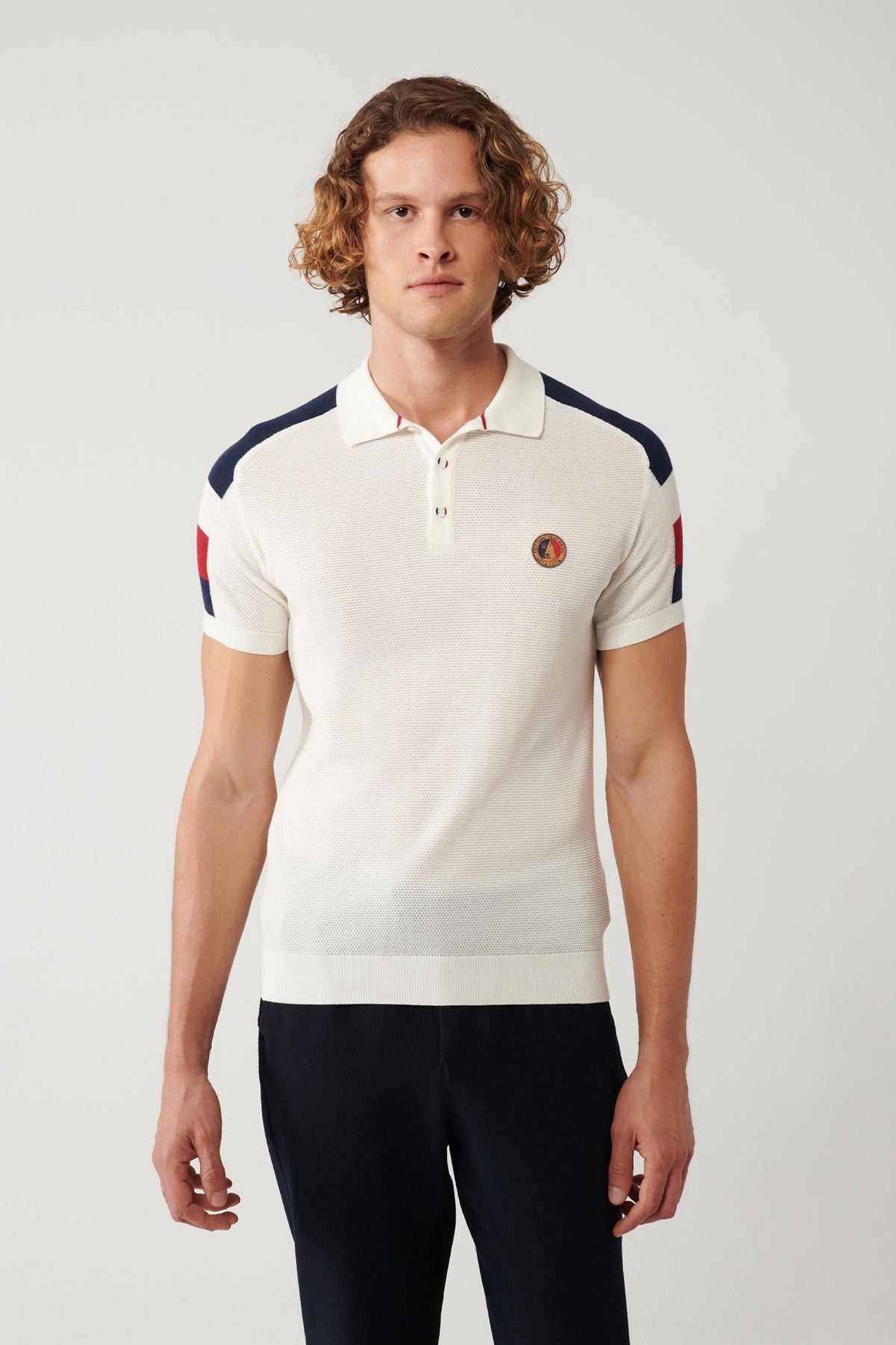 Men's White 3 Button Modal textured Polo collar knitwear T-shirt A41y5026