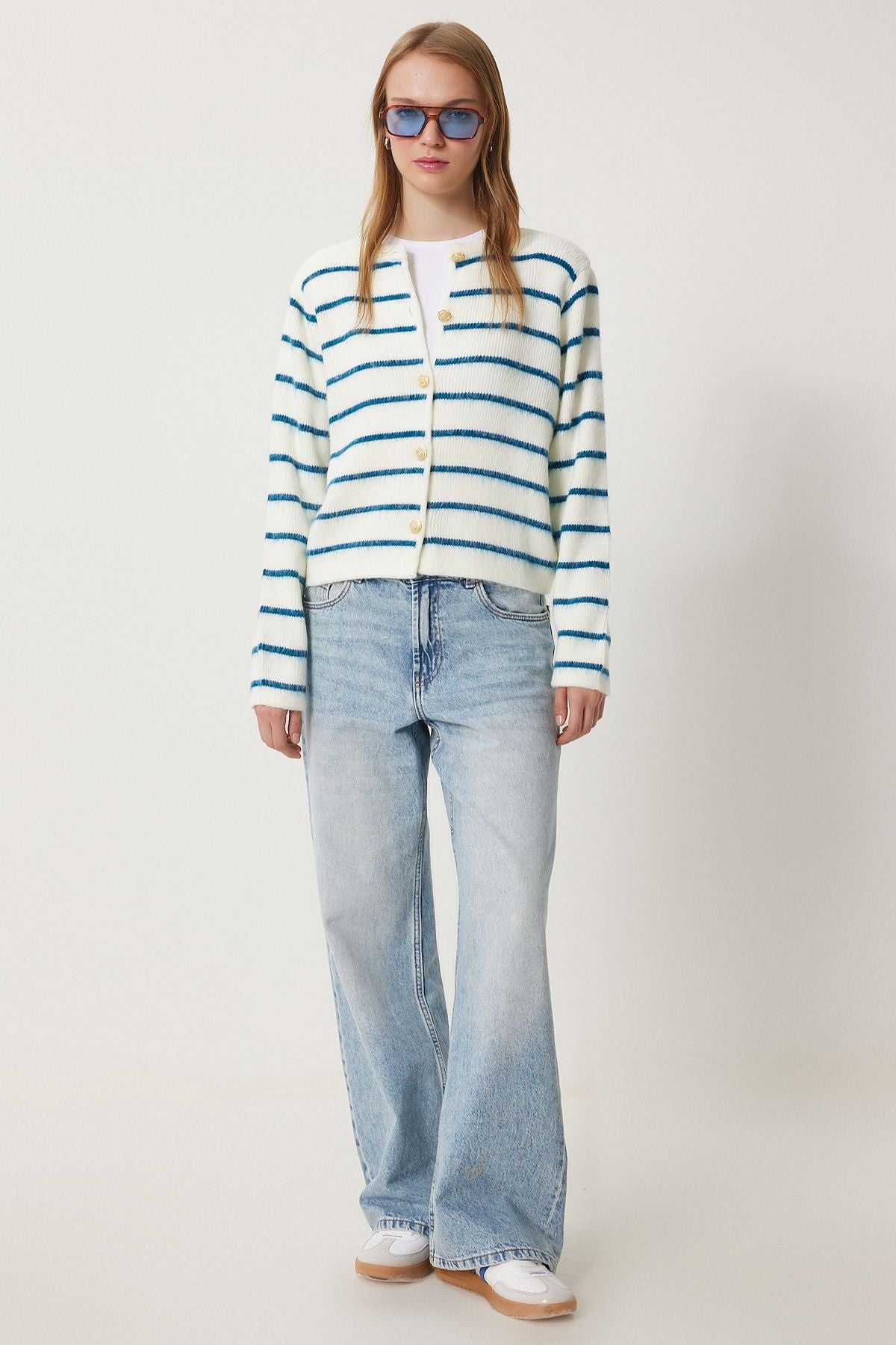 WOMEN BONE BLACK BLUE CHIC button striped knitwear cardigan PF00051