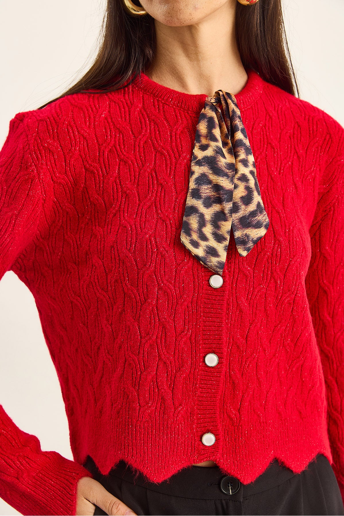 Women's Braided Scarf Detailed Buttoned Cardigan TH241026 60251873