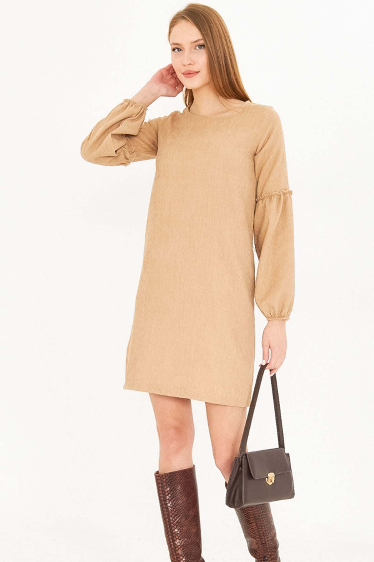 Female Beige Branch Velvet Dress with Balloon Arm-20K001107