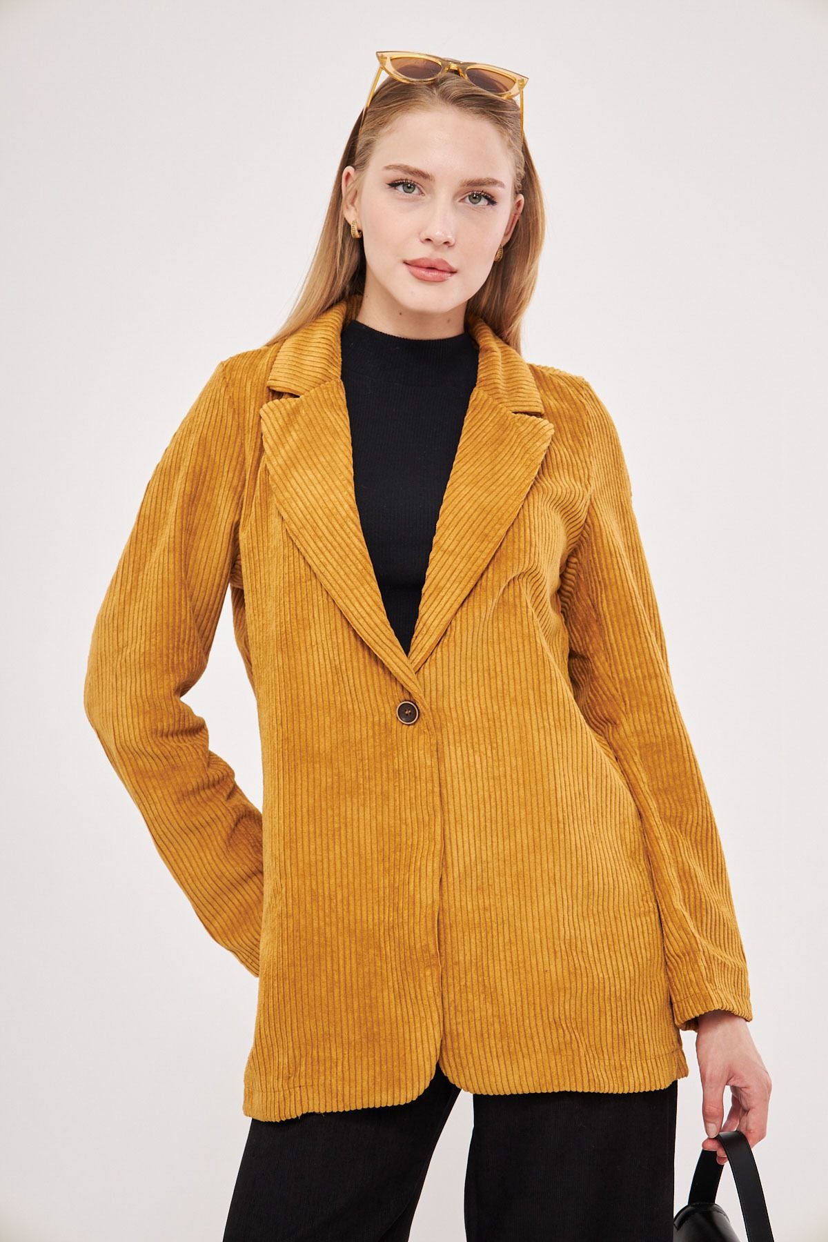 Woman mustard Single button Velvet Jacket ARM-24K001043