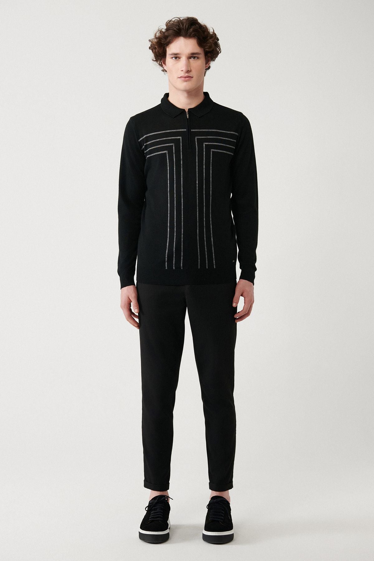 Men's black zipper wool mixture striped knitwear sweater A32Y5094