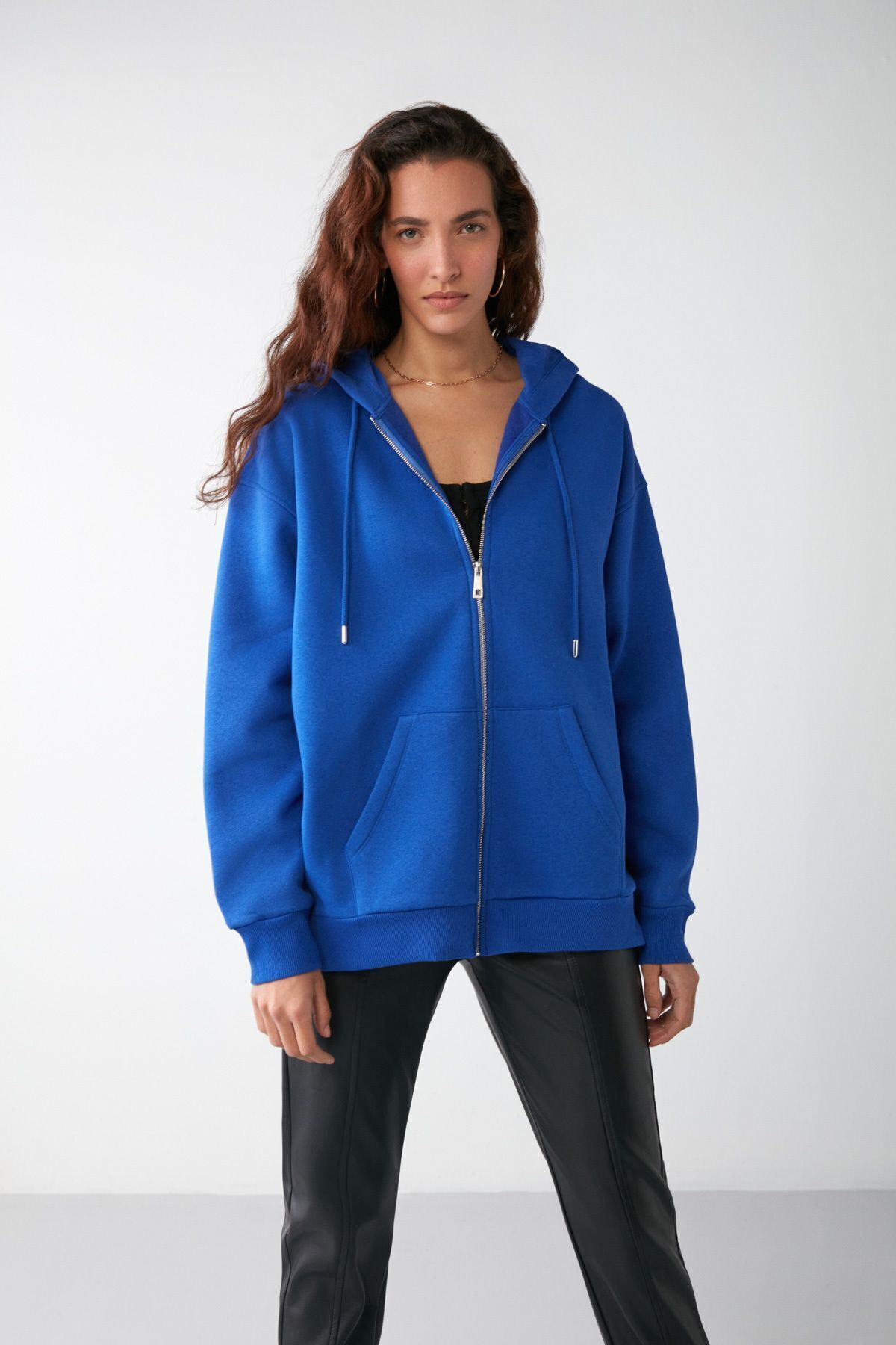 Alena Woman Basic Kangaroo Pocket Oversizle Organic Cotton Zipper Hooded Saks Blue Sweatshirt