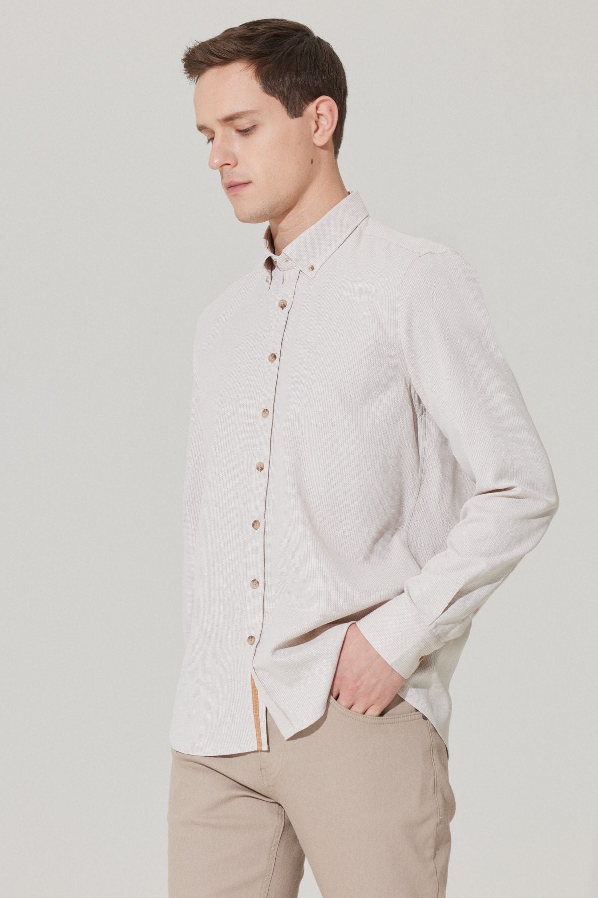 Men's Beige Slim Fit Narrow Cutting Buttoned Cotton Cotton Amelor Shirt