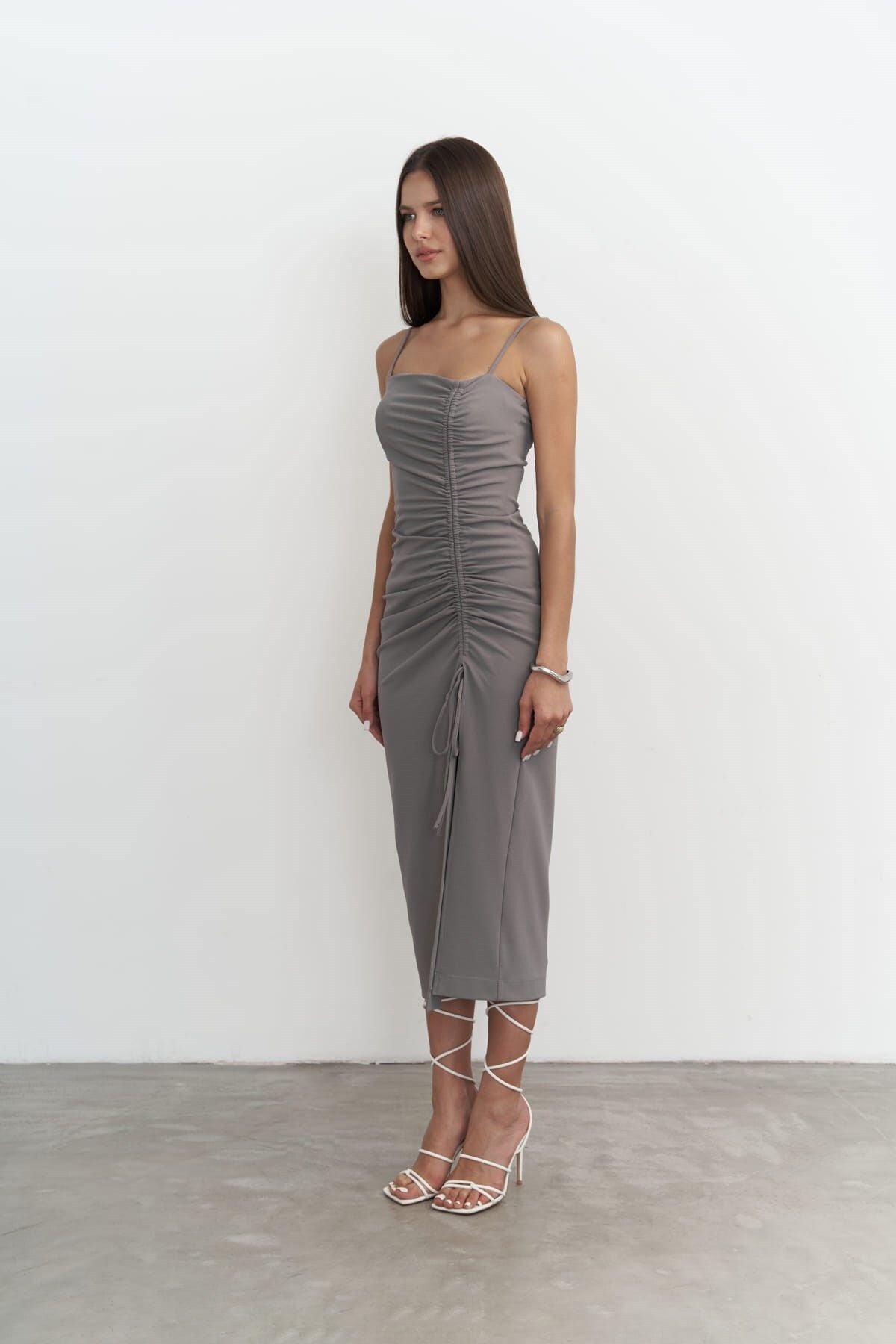 Custom front shirred gray midi size dress