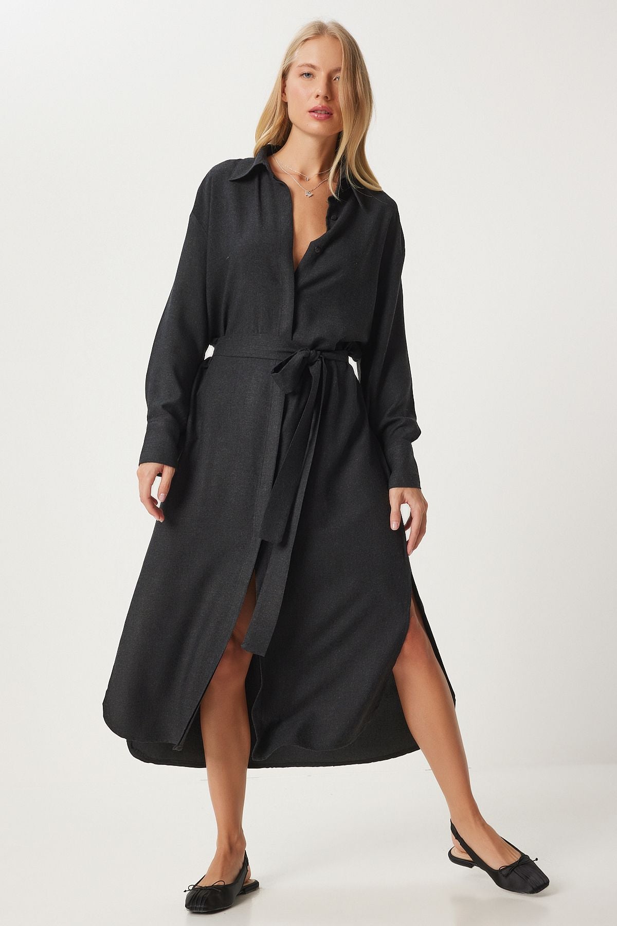 Women's black slit belt long shirt dress FN03314