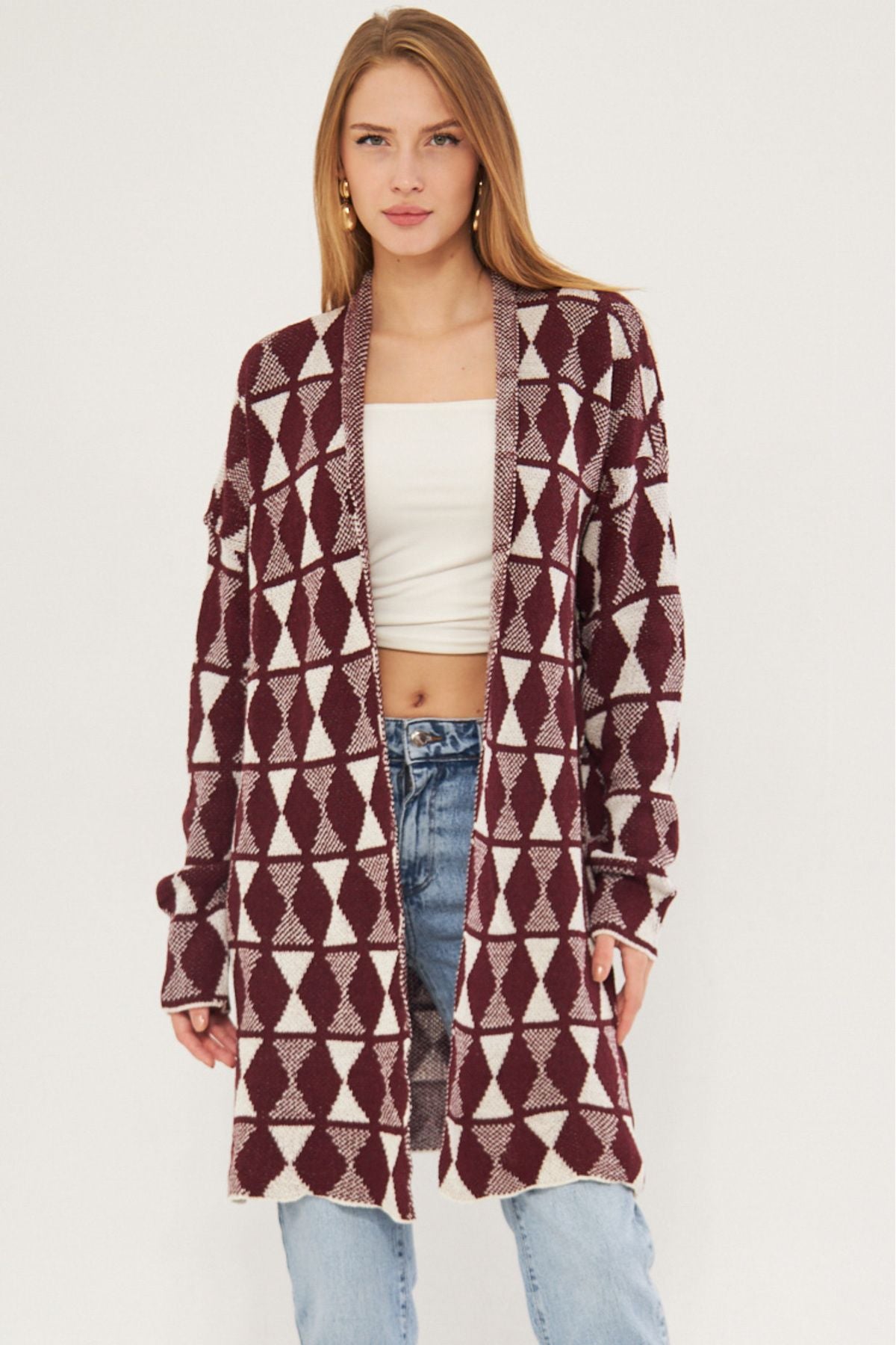 Women Bordeaux Long Patterned Triko Cardigan ARM-25K012005