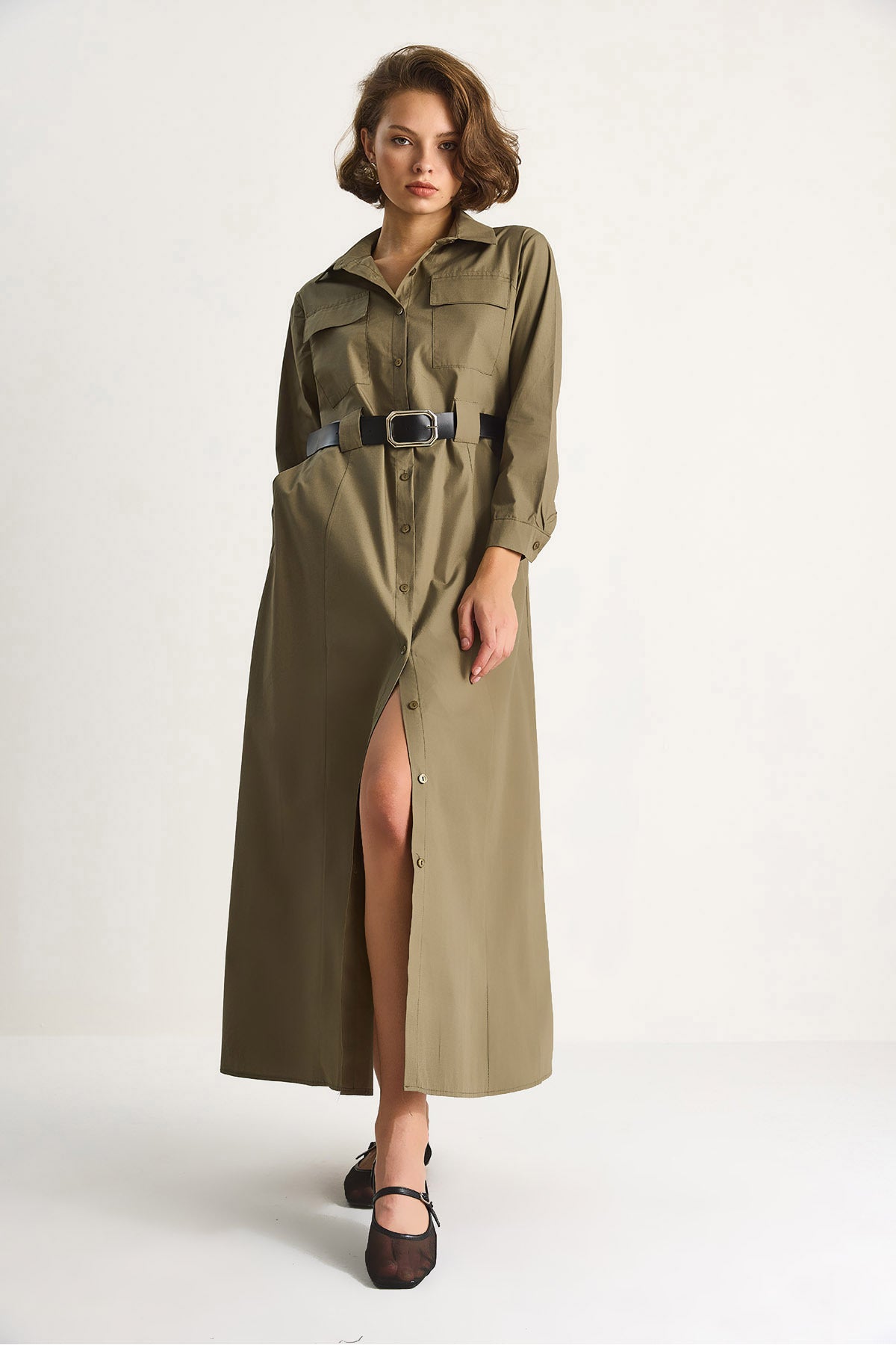 Women's Button Closure Pocket Detailed Belted Shirt Dress 60284073