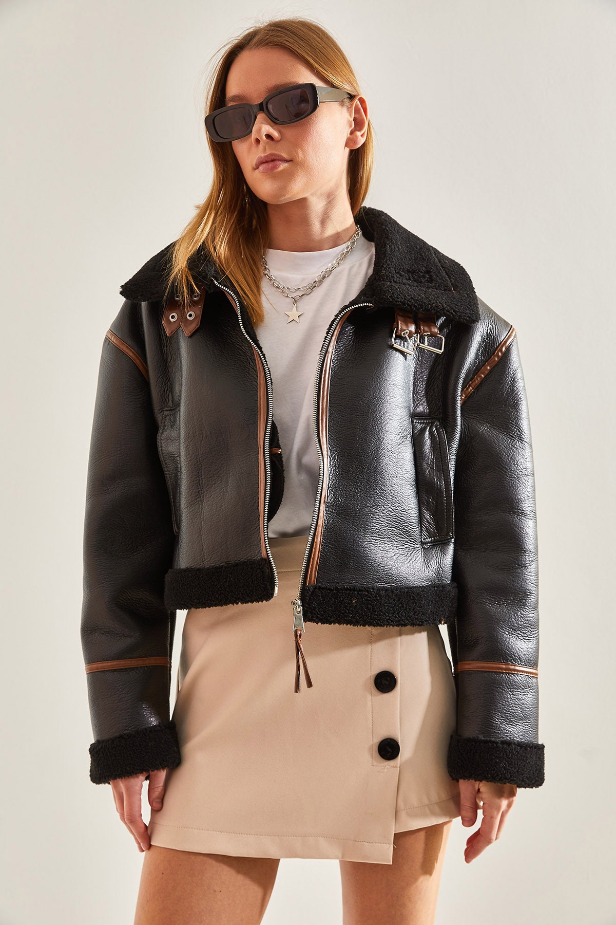 Women's Collar Belted Laminated Jacket 2289