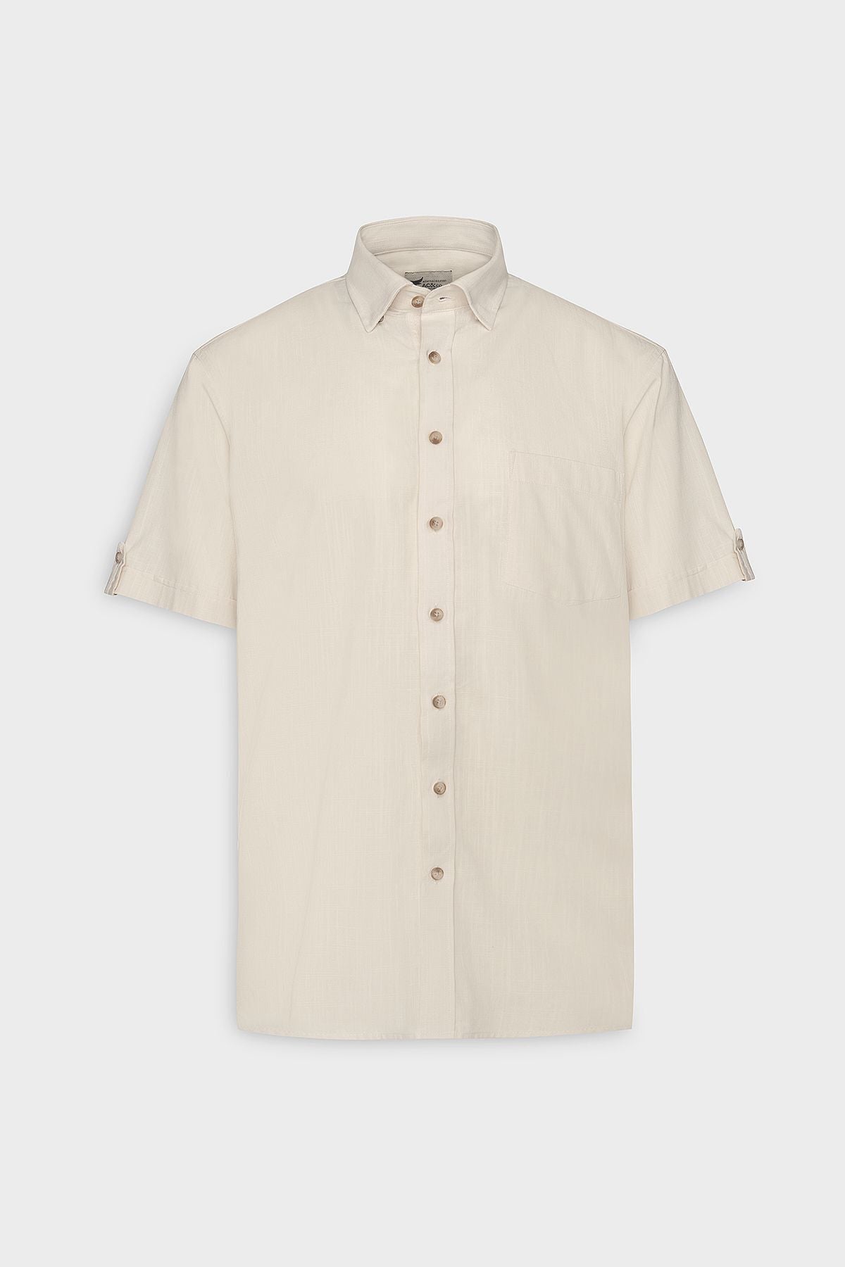 Men's Beige Comfort Fit Casual Cutting Buttoned Neck Linen Looking 100 %Cotton Planned Short Sleeve Shirt
