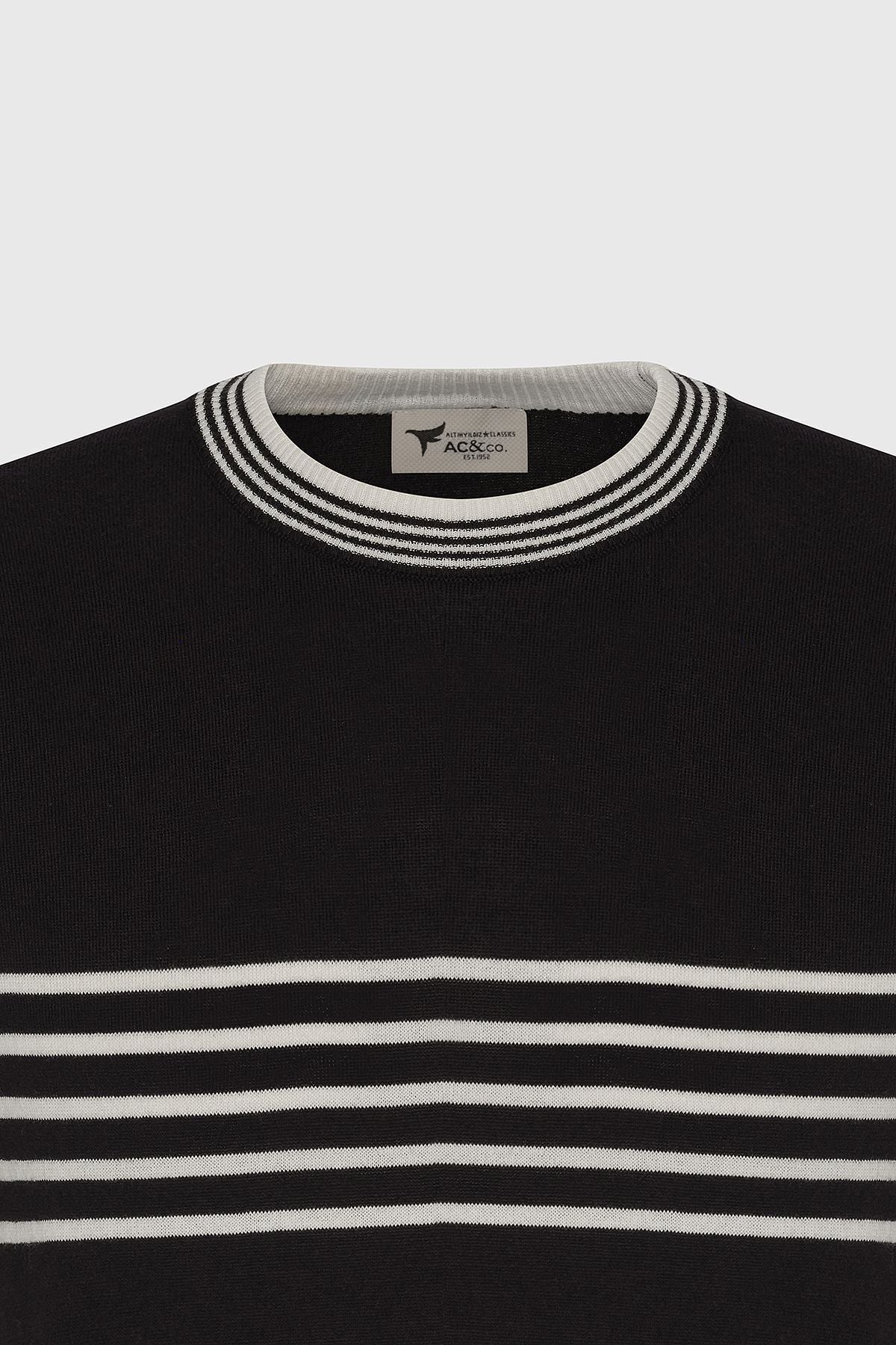 Men's black-and-white standard fit normal cut 100 %cotton striped bike collar knitwear t-shirt