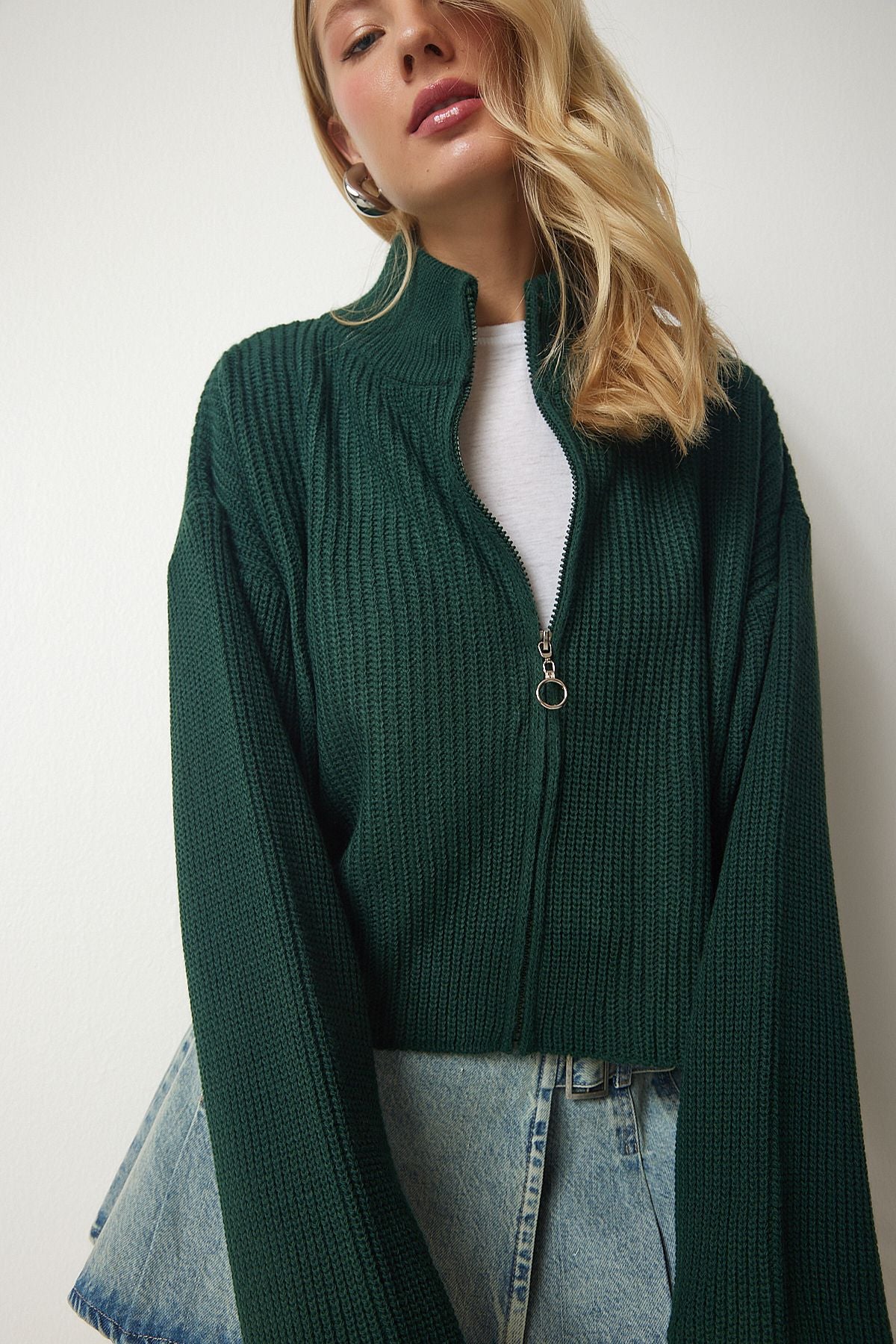 Female emerald green zipper knitwear cardigan yy00172